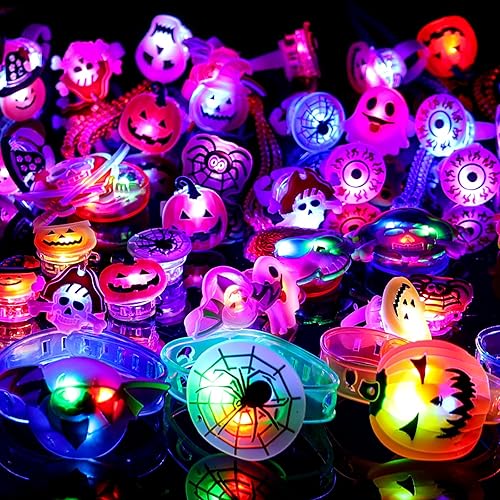 Miniatura 3 de Recuerdos de fiesta de Halloween, juguetes para niños, 82 piezas de suministros de fiesta que brillan en la oscuridad, 50 anillos + 20 broches + 6