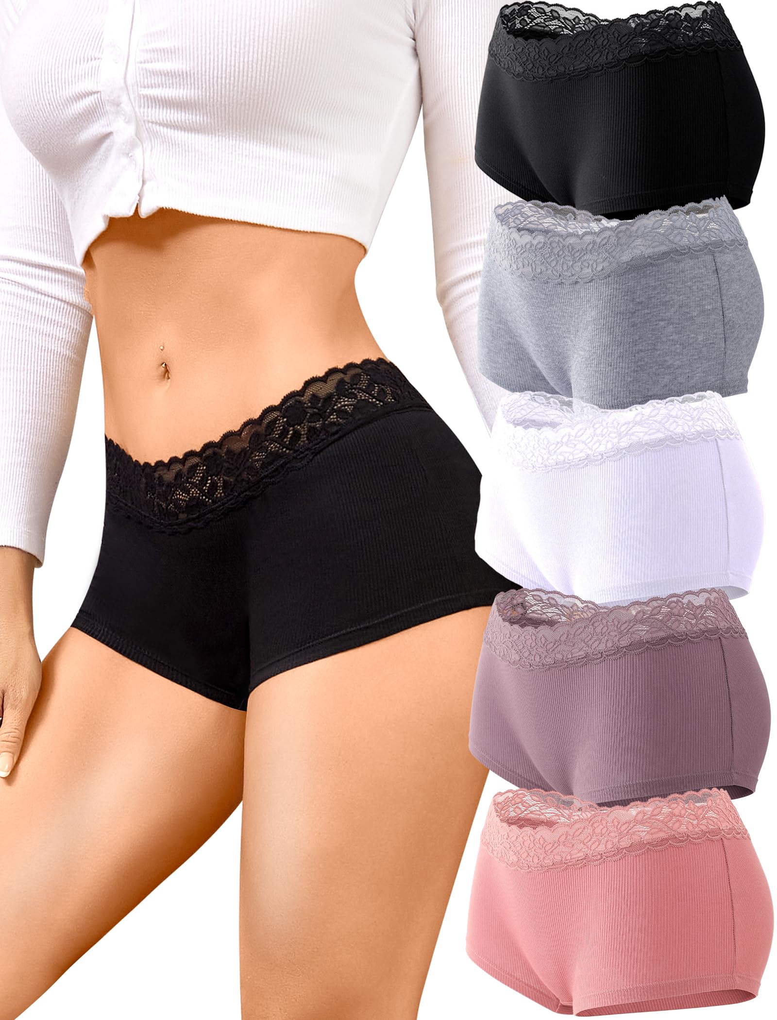 FINETOO Biancheria intima in cotone per donna ragazzo pantaloncini boxer in pizzo morbido copertura completa mutandine da donna 5 pezzi S-XXL