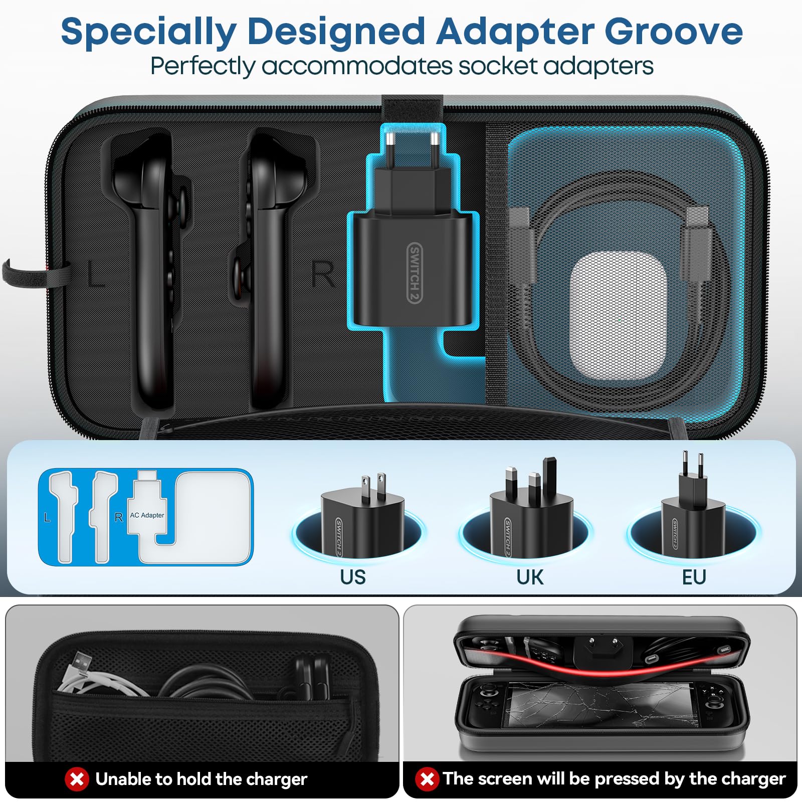 Funda para Nintendo Switch 2025, Bolsa de Transporte para Switch 2 para Joy-Con 2 y Consola, Funda de Viaje para Switch 2 para 24 Tarjetas de Juego y Accesorios, Organizador Cable y Adaptador-Negro - 2