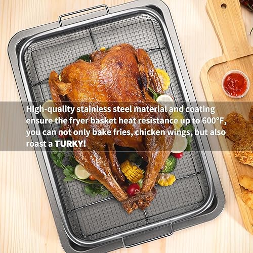 Miniatura 3 de Juego de 2 cestas para freidora de aire para horno, cesta de freidora de aire de acero inoxidable de 15.2 x 10.3 pulgadas y bandeja para hornear,