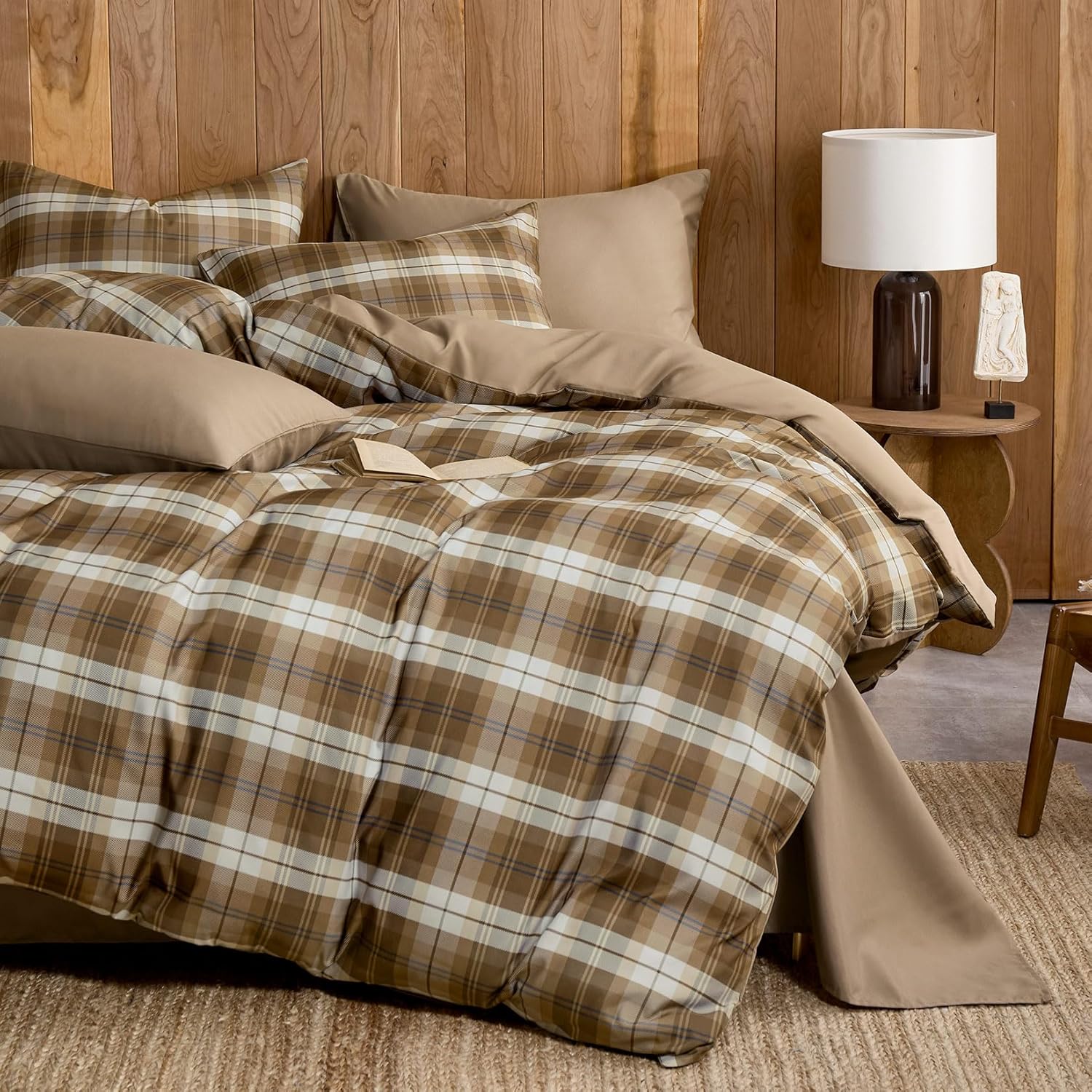 Wake In Cloud - Plaid Comforter Set, Scottish Tartan Check Geometric Modern Pattern Printed, Soft Lightweight Bedding, 3 Pieces, Brown, Twin/Twin XL Size - Image 3