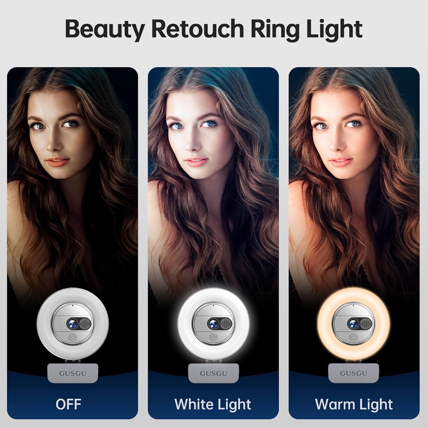 Three images showing a woman's face with the GUSGU G910 Pro Webcam's ring light off, with white light, and with warm light