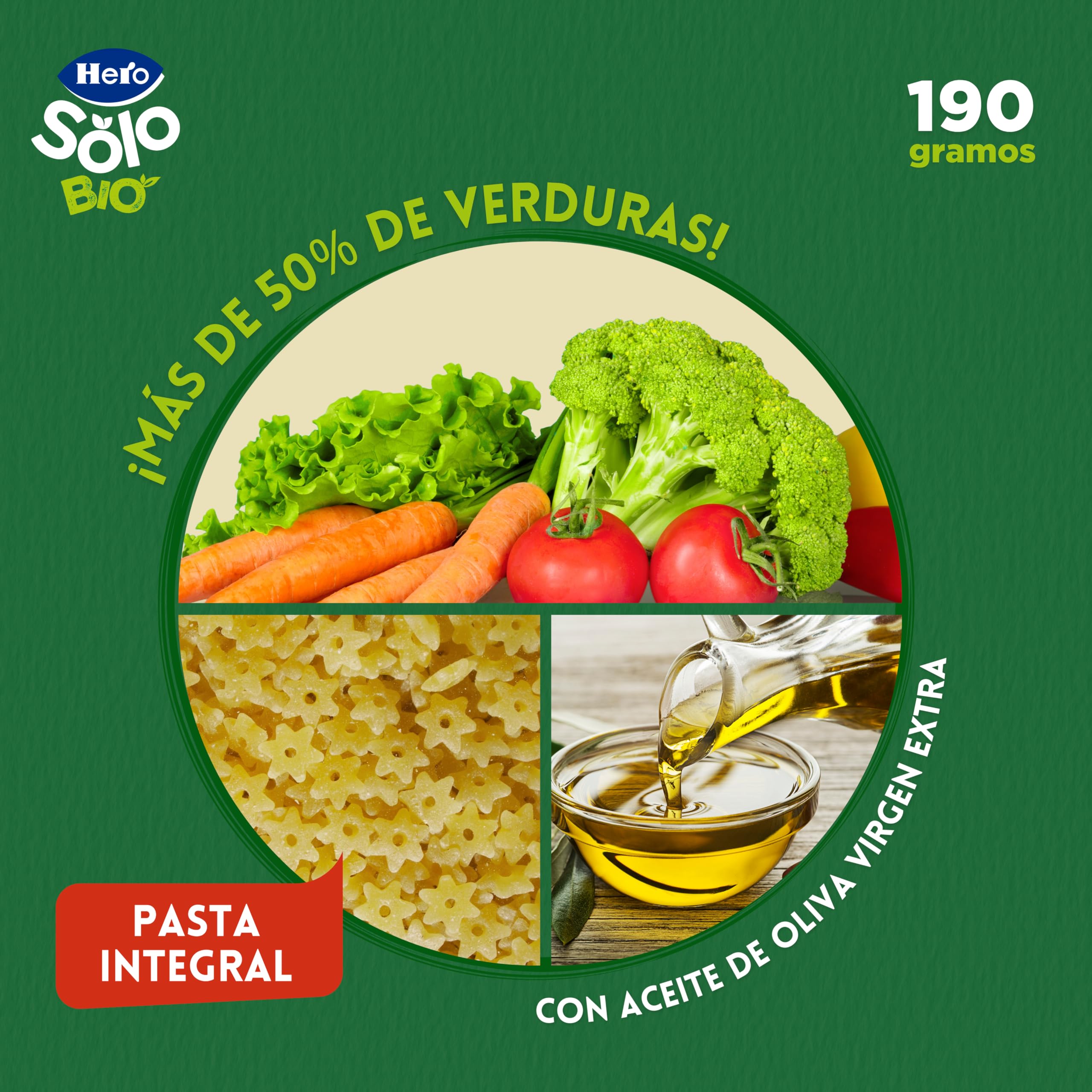 Hero Solo Potitos de Verduras con Pasta Integral 100% Eco y nada más, Apto para Veganos y Bebés Desde 6 Meses - Pack de 12 x 190 gr