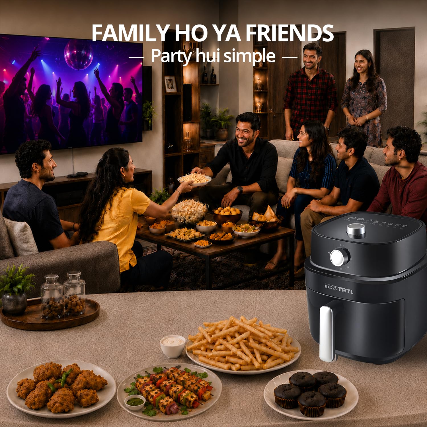 Mr. TRU Manual Air Fryer for Home | Actual 4.5 Liter | 1400 Watt | 1 Year Warranty | Uses 90% less Oil | Time & Temp Control Knobs | Glossy Black 4