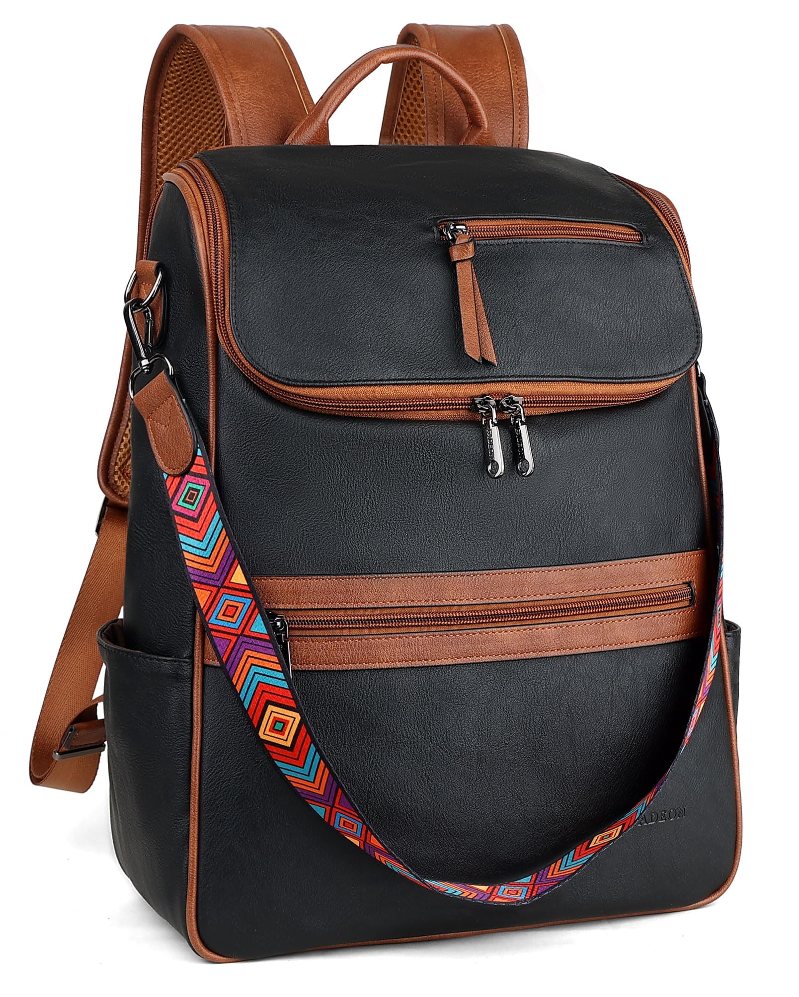 FADEON Laptop Backpack for Women Leather Travel Backpack with Laptop Compartment, Designer PU Shoulder Laptop Bag Black Brown