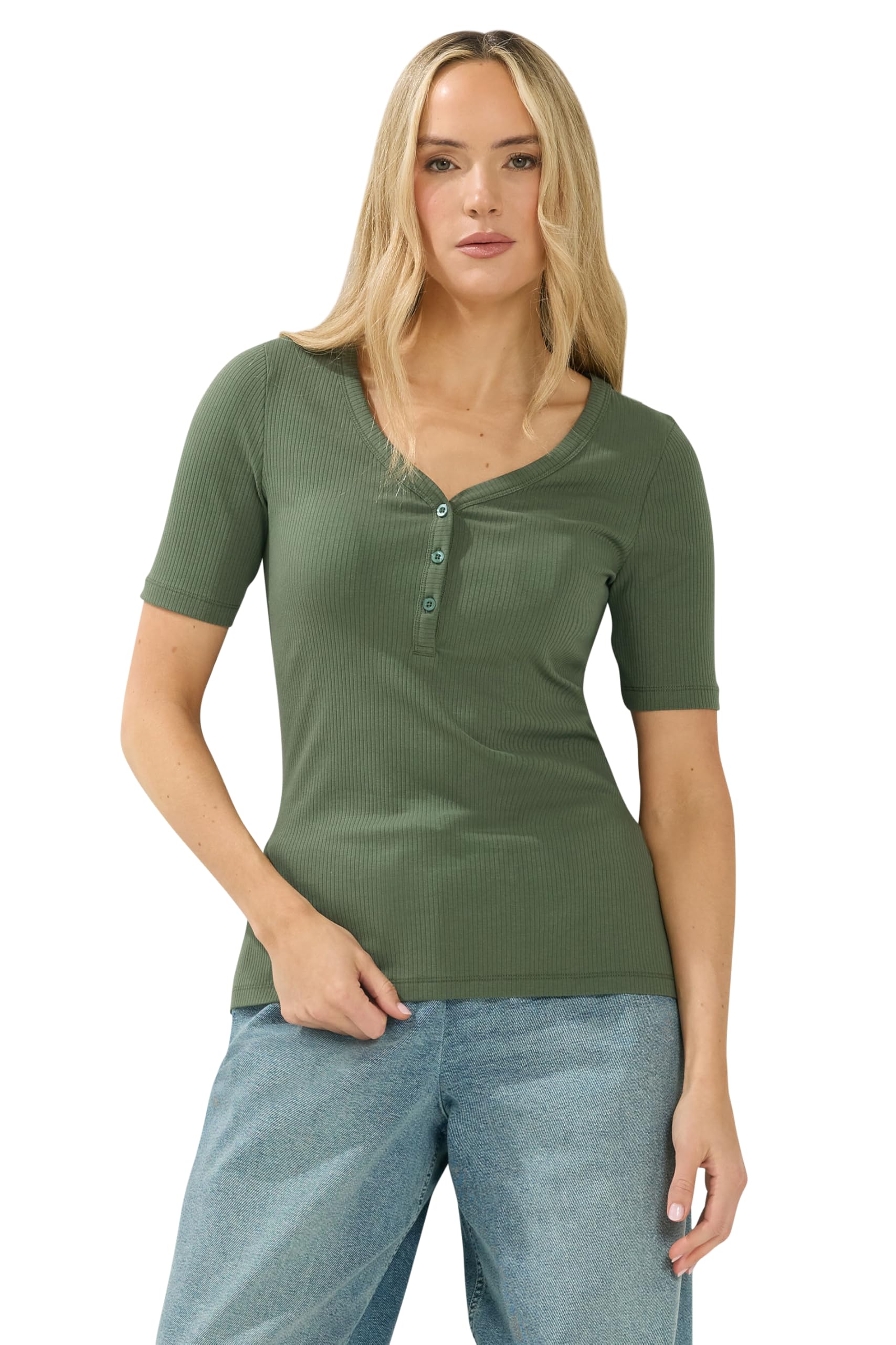 Lts Women's Green Tall Ribbed Short Sleeve Henley Top Size 20