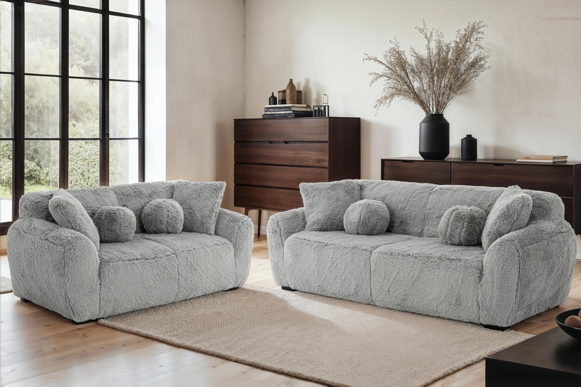 Fluffy Teddy Modern Living Room Sofa Set 3 + 2 Grey - 3 Seater Sofa + 2 Seater Sofa in Plush Fabric with Deep Seating and Fluffy Accent Cushions - MARSHMALLOW