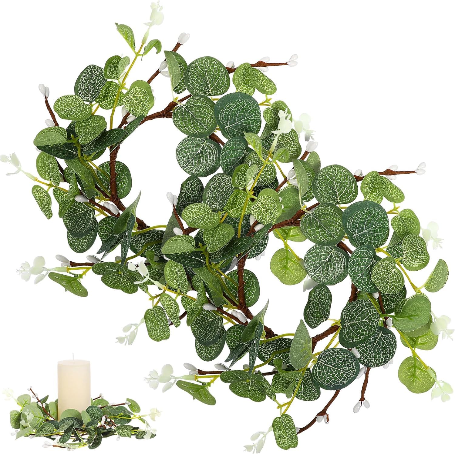 Niltracy Multicolor 2Pcs Easter Candle Ring Wreaths Artificial Eucalyptus Leaves Farmhouse Candle Wreaths Greenery Garland For Table Centerpiece Front Door Decor
