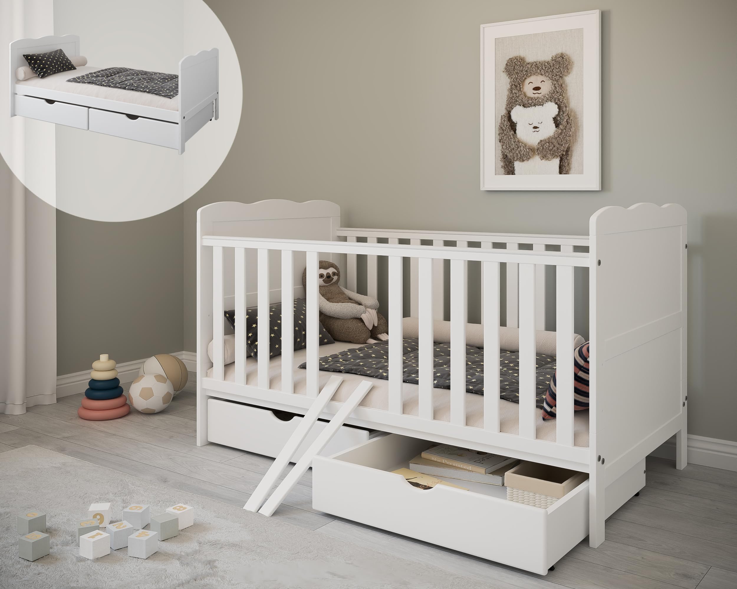 zee Cuna Bebé Blanca 140x70 Isabel 2 en 1 con Cajones