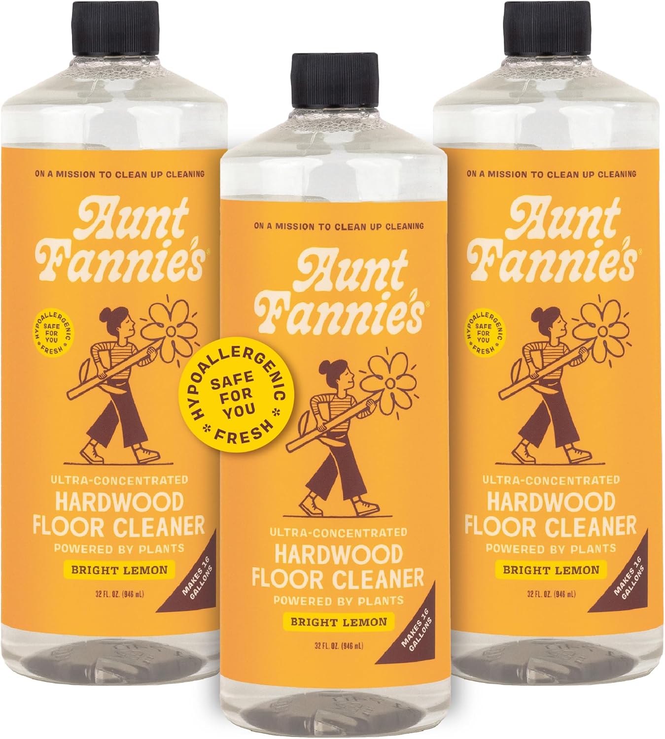 Aunt Fannie’s Ultra Concentrated Hardwood Floor Cleaner, Vinegar-Free Plant Based Solution for Mopping, Bright Lemon Scent, 32 oz. (Pack of 3)