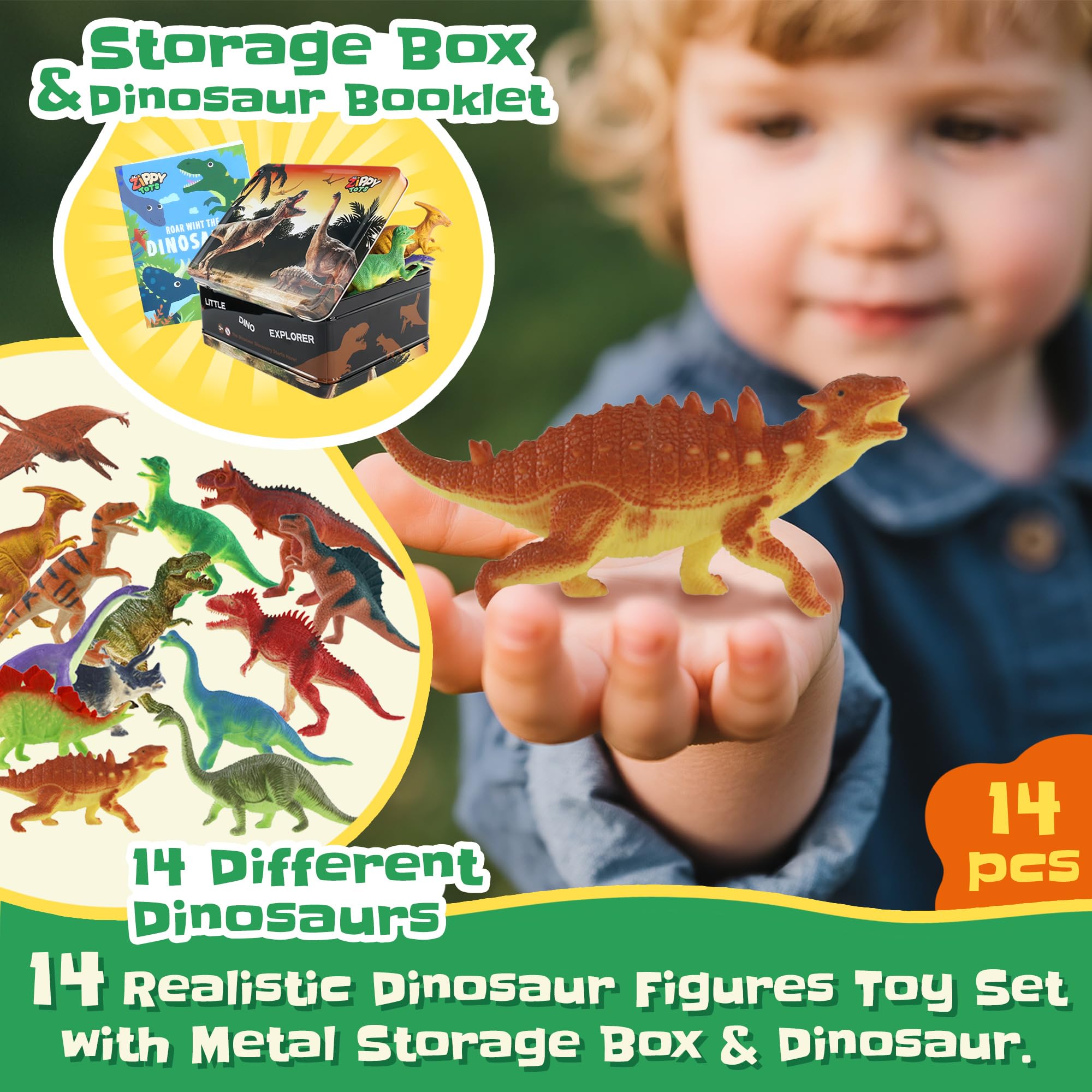 Zippytots - Juguete de dinosaurio para niños de 3 a 5 a 5 a 7 a 14 figuras realistas de dinosaurio de plástico con caja de almacenamiento y folleto de aprendizaje, juguete educativo para niños y niños