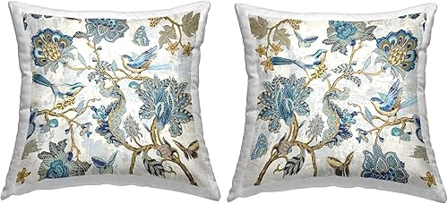 Stupell Industries Reneé Campbell - Juego de 2 almohadas con diseño floral de cachemira detallada, 18 x 18 pulgadas, color azul