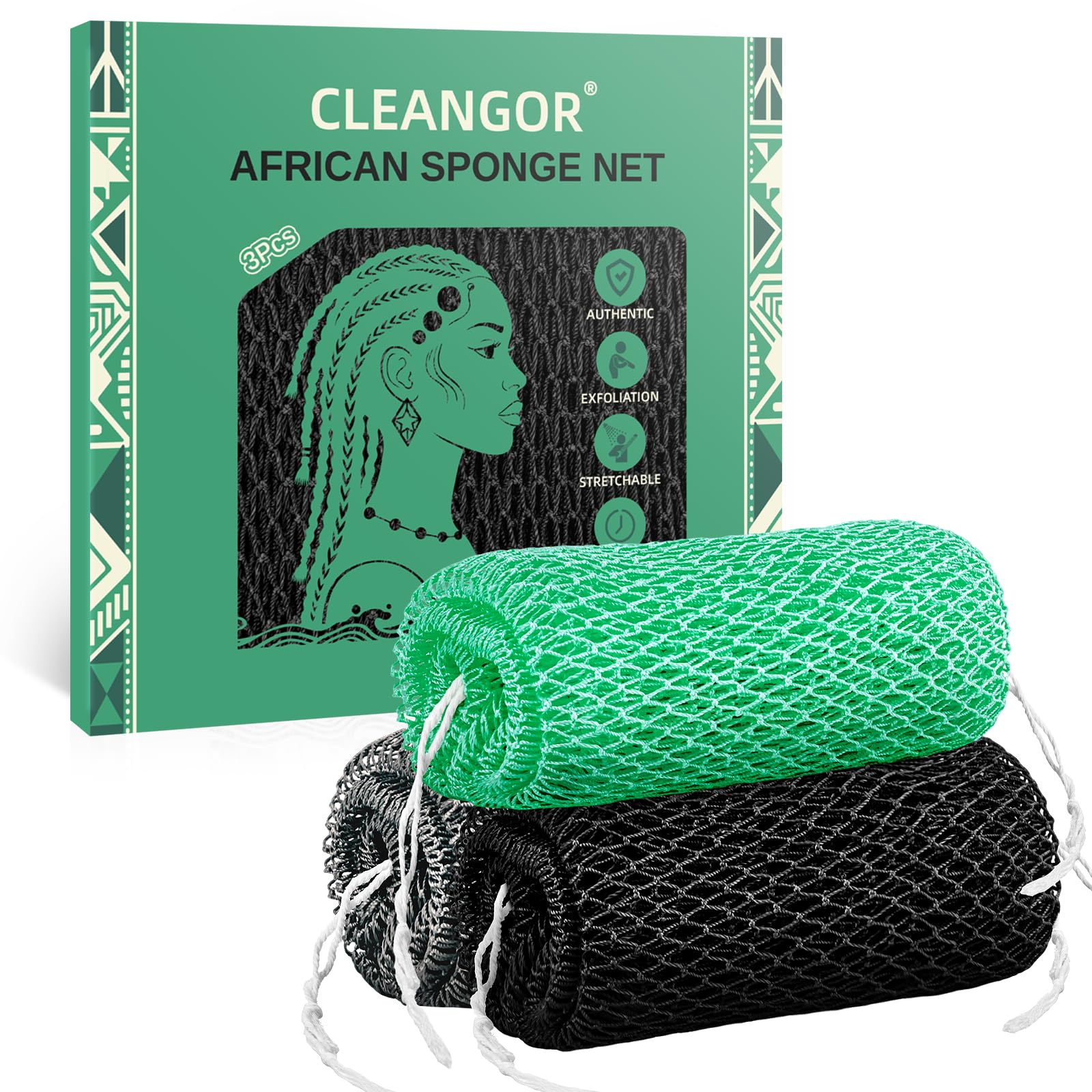 Cleangor 3Pcs African Net Sponge Authentic with Knots - Exfoliating Body