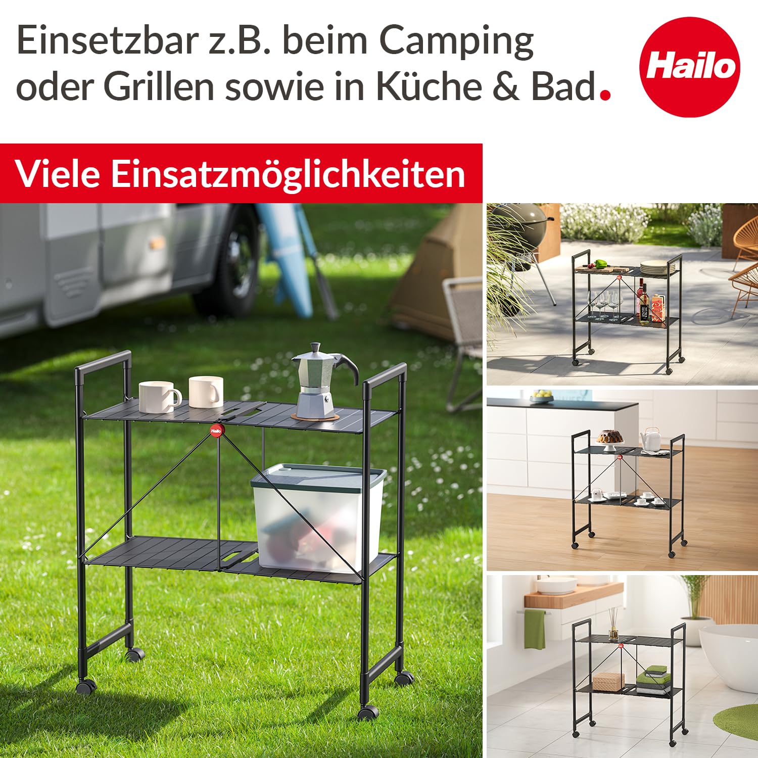 Hailo Quickboard – Mobile Universalablage mit Rollen - klappbar & platzsparend - vielseitig einsetzbar - pro Ablagefläche belastbar bis max. 10 kg - schwarz matt