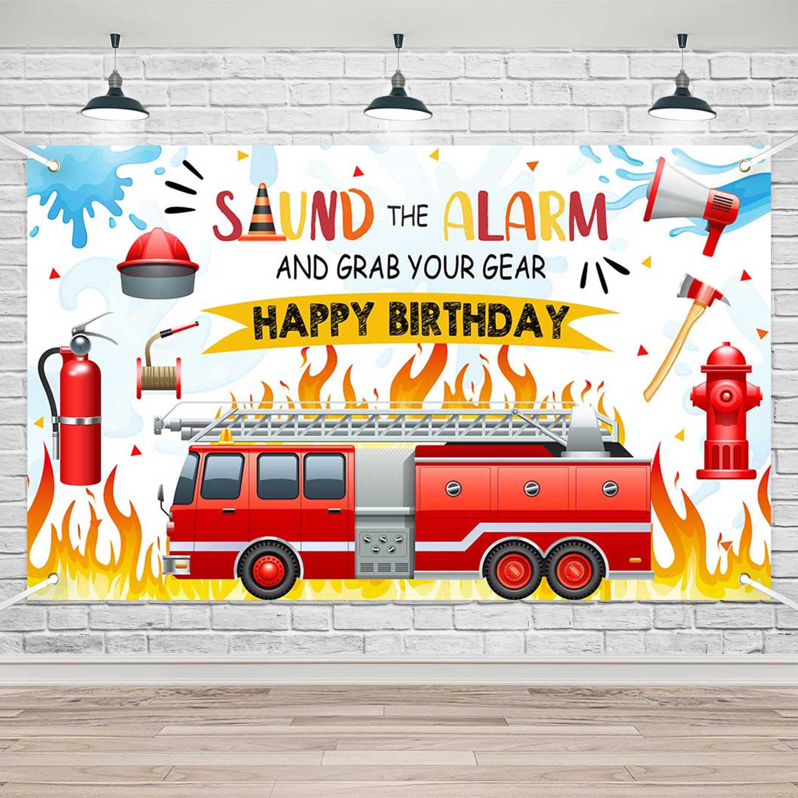 Lofaris Firetruck Birthday Backdrop Firetruck Theme Party Decorations for Boys Girls Birthday Background Fireman Firefighter Kids Bday Indoor Outdoor