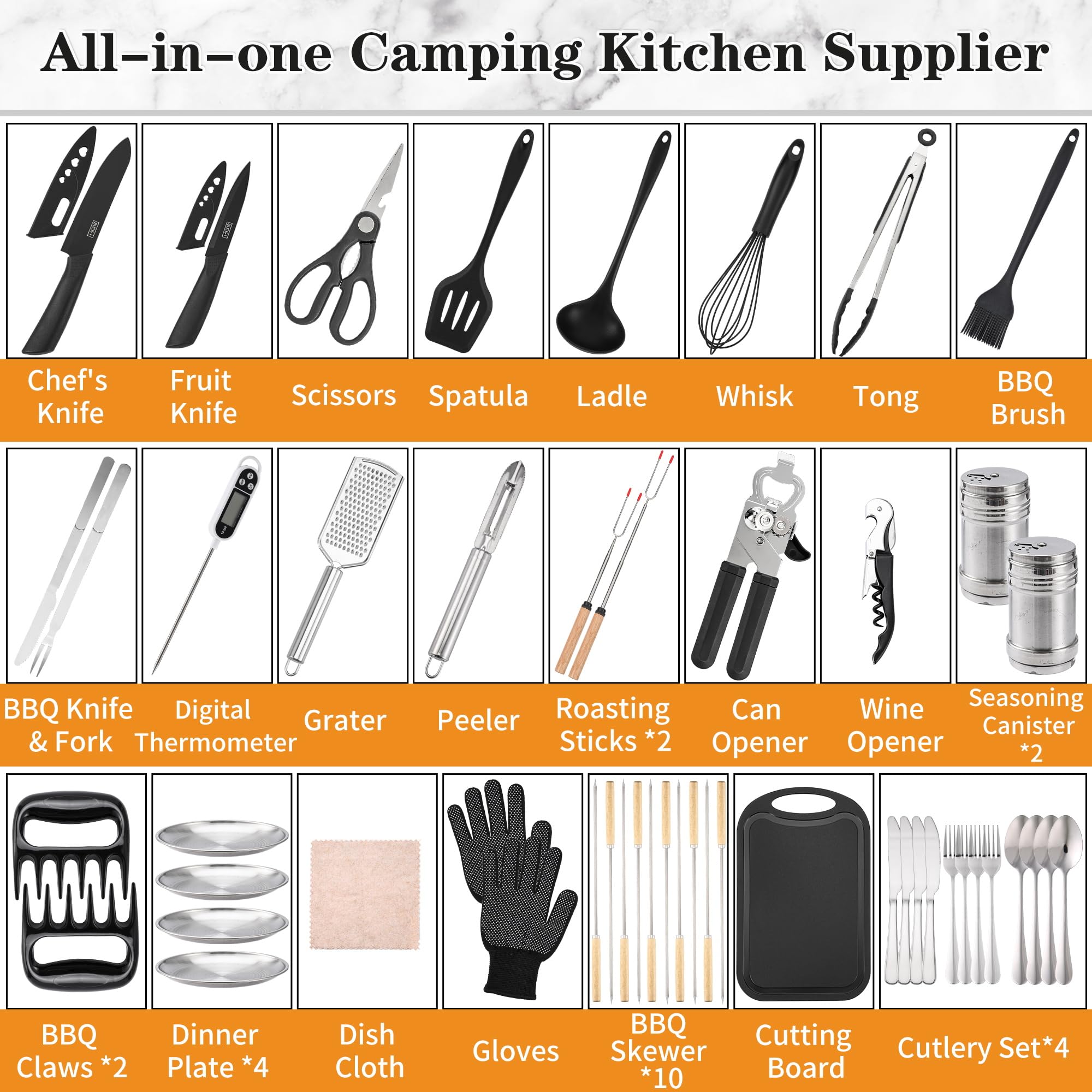 Wesqunie Camping Essentials Kochutensilien-Set – tragbares Camping-Küchen-Küchen-Set, Outdoor-Zubehör, Edelstahl und Silikon, Campingausrüstung für Wohnmobil, Picknick, Grill