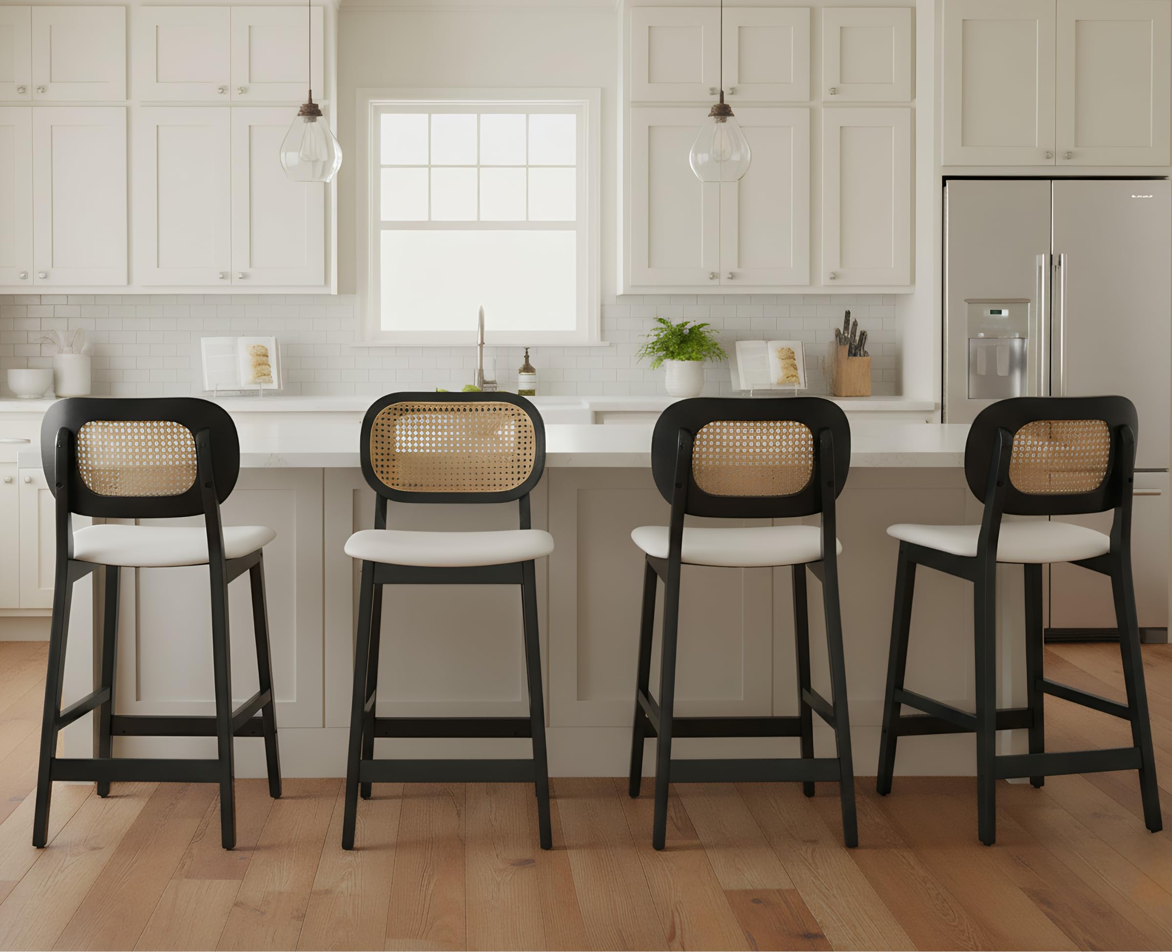 EALSON Counter Height Bar Stools Set of 4 Rattan Back Farmhouse Barstools Mid Century Modern Wood Bar Chairs Comfortable Leather Upholstered Kitchen