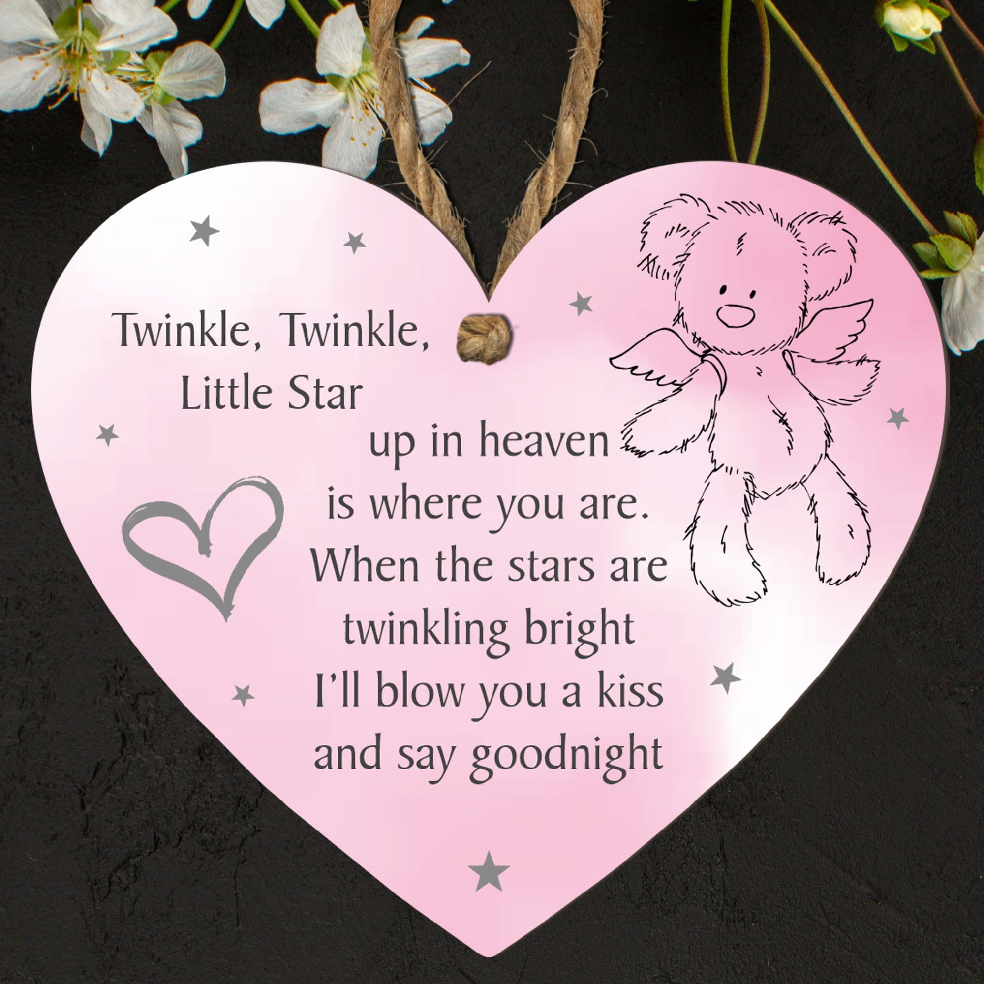 Baby Memorial Plaque - Twinkle Twinkle Little Star Keepsake | Custom Colour Options: Grey, Beige, Blue, Pink Snowflakes, Multicoloured | Angel Teddy Bear (Pink, Large: 23 cm (H) × 20 cm (W))
