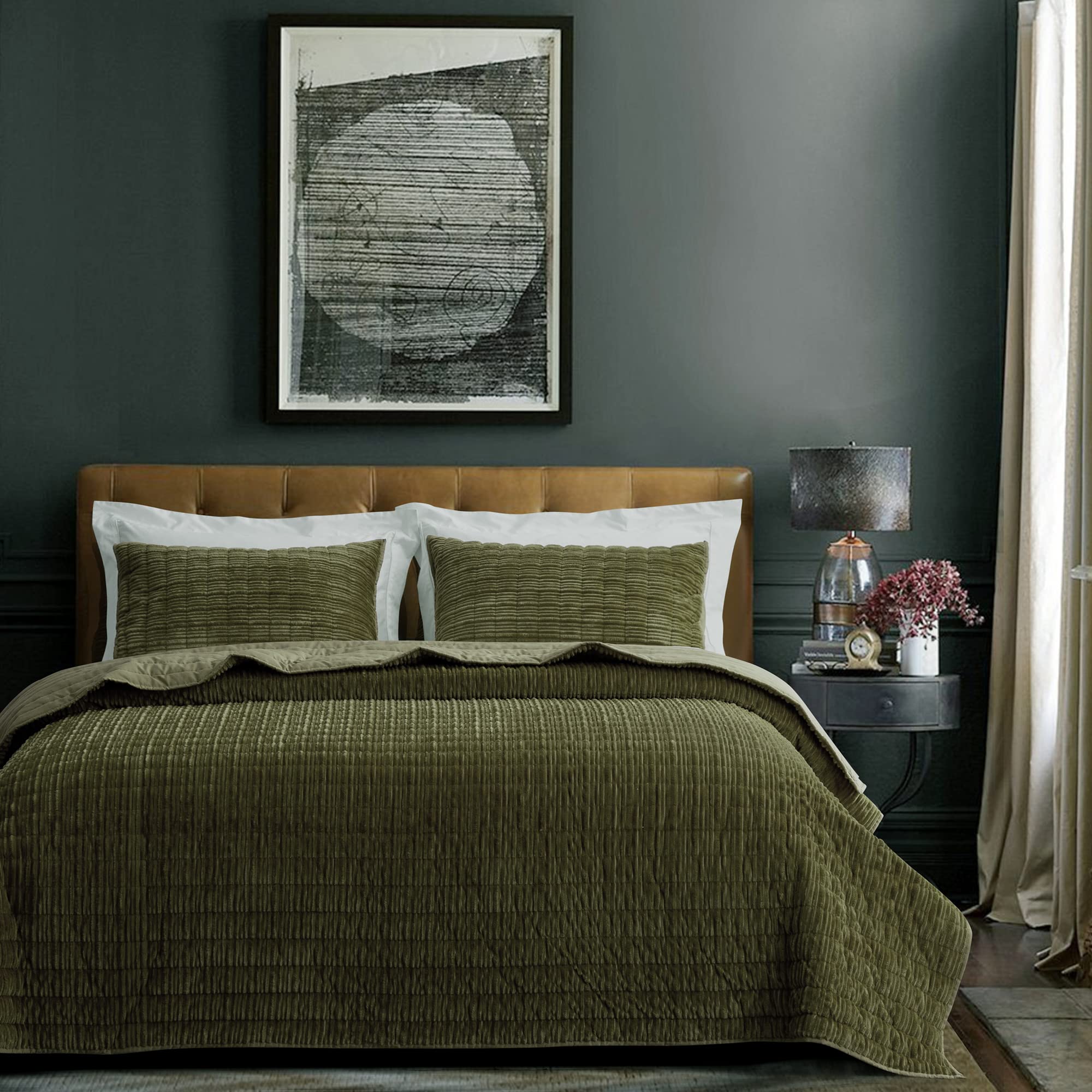 SHALALA NEW YORK Corduroy Quilt King Size 3 Pieces Bedding Set, Striped Bed Cover Cozy Bedspread Coverlet with 2 Matching Pillow Shams, Soft Lightweight Quilt Set for All Season(Green, King)