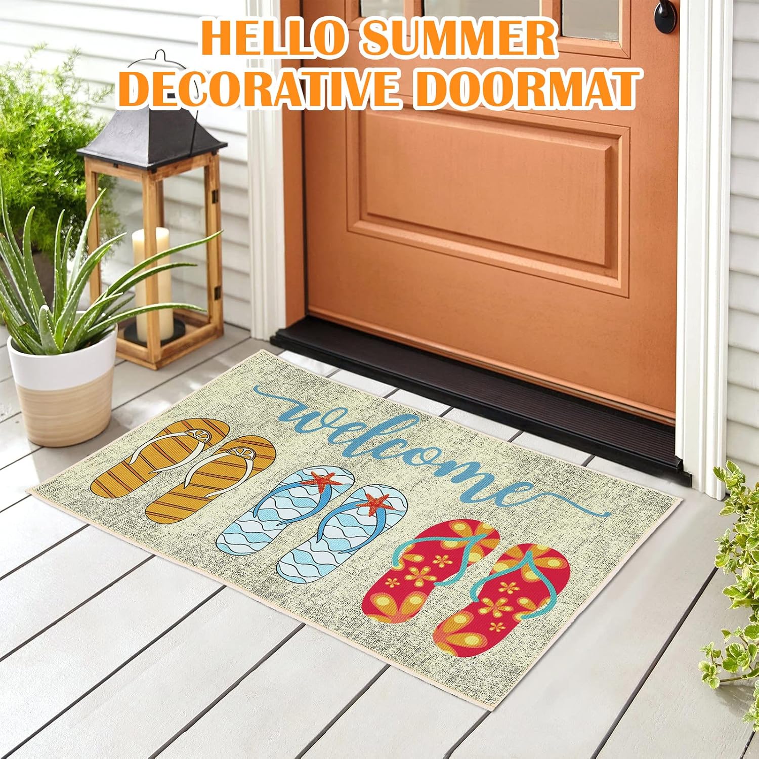 3 Pcs Hello Summer Flip Flop Doormat Decorative Summer Slippers Welcome Doormat Non Slip Rubber Door Mat Seasonal Front Door Rugs for Indoor Outdoor Floor Washable Entrance Standing Mat