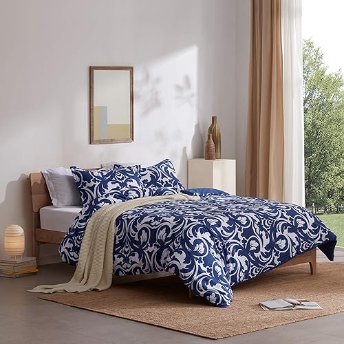 Miniatura 2 de SLEEP ZONE Juego de funda de edredón estampado de flores barroco 120 gsm, cierre de cremallera ultra suave, lazos de esquina, azul barroco, king