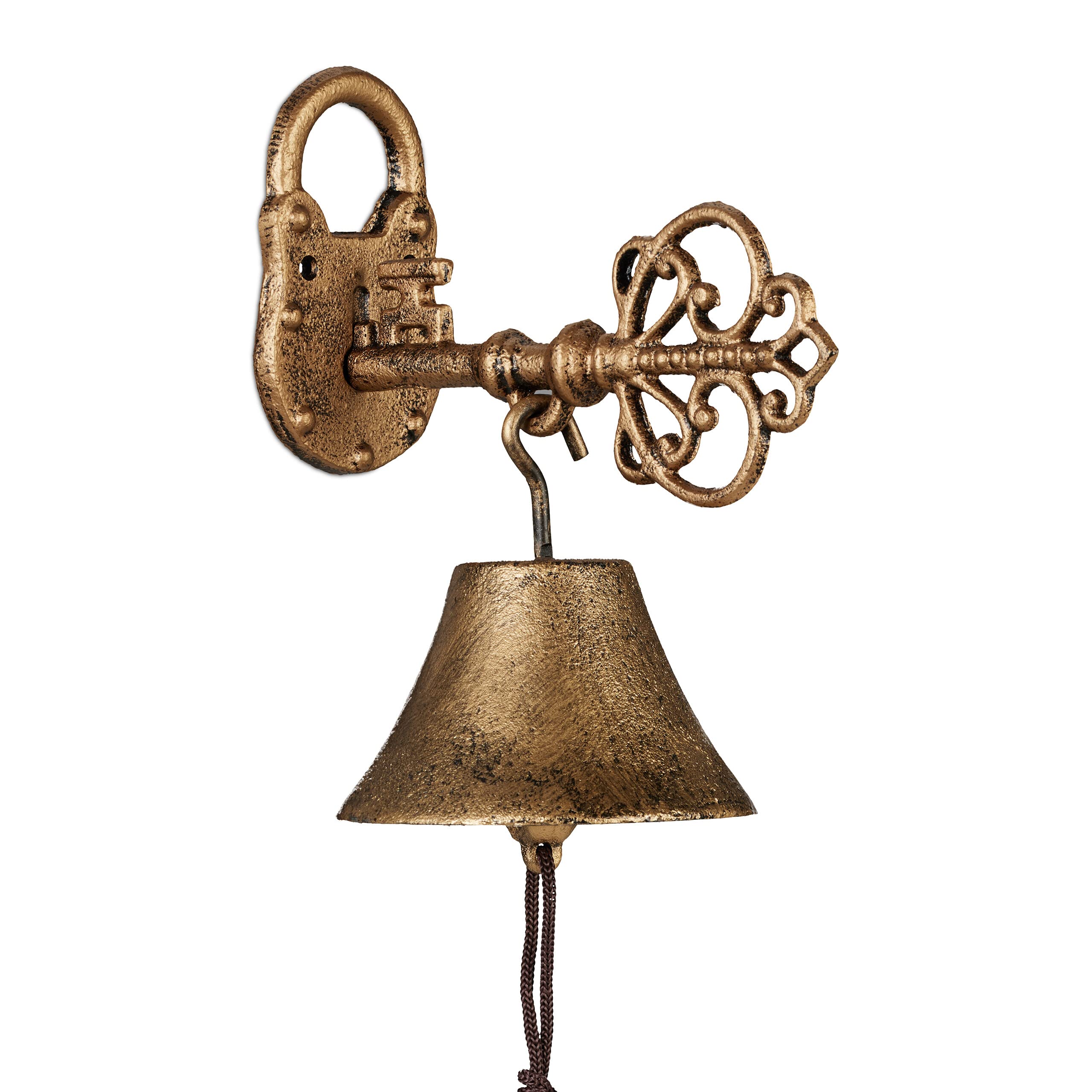 Relaxdays Gold Cast Iron Door Bell, Antique Design, Hanging Doorbell With Key, For Outdoors, With Rope, Wall Mounted, 20 X 11.5 X 18 Cm