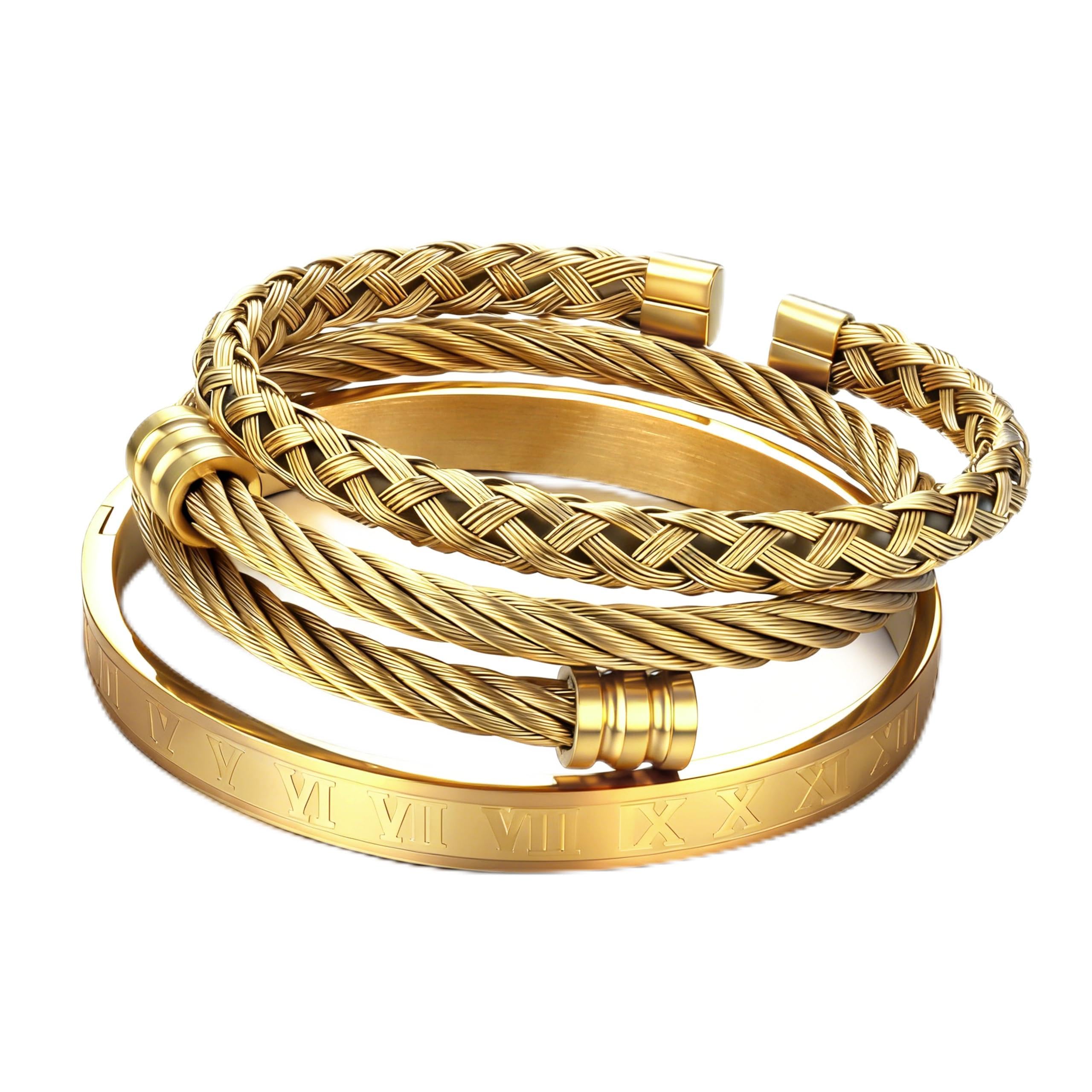 JeweBella 3 Piezas Pulsera Brazalete Homrbe Plata/Dorado/Negro Acero Inoxidable Lujo Pulsera Número Romano Pulsera Brazalete Abierto Ajustable Conjunto