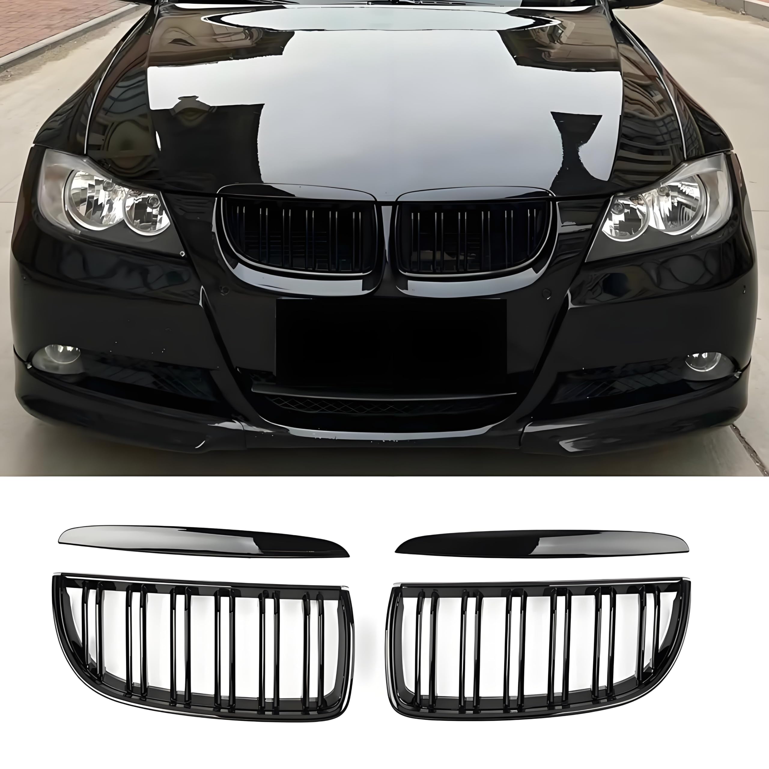 E90 E91 Nieren Schwarz - Kühlergrill - Passend für BMW 3er E90 E91 2005-2008 - Doppelsteg Nieren Sport Grill (For 3er E90 2005-2008)