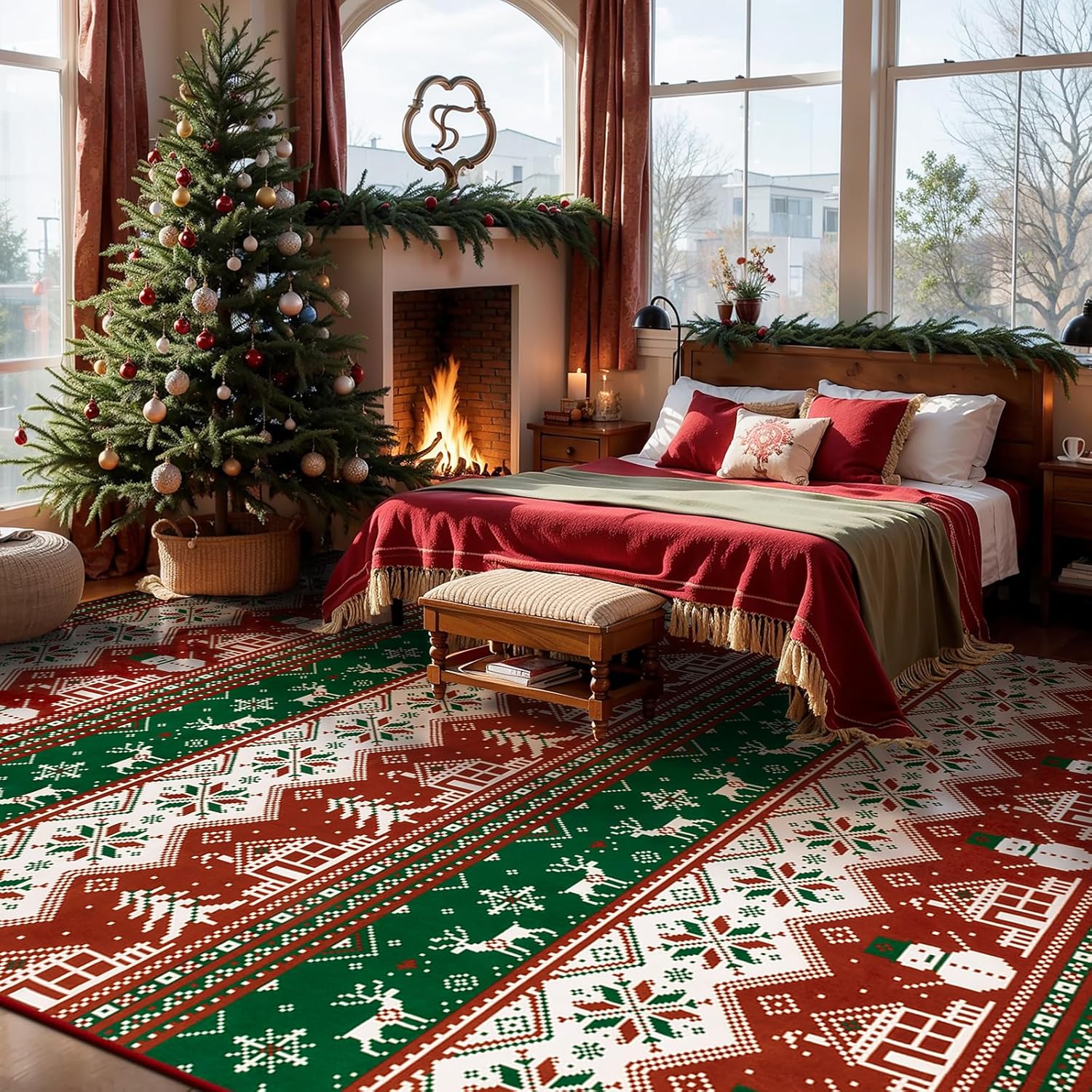 Christmas Rugs for Living Room, Red and White 8x10 Large Area Carpet Non Slip Indoor, Christmas Tree Snowman Reindeer Low Pile Washable Bedroom Area Rug for Christmas Ornaments 2025 Red 8'x10'