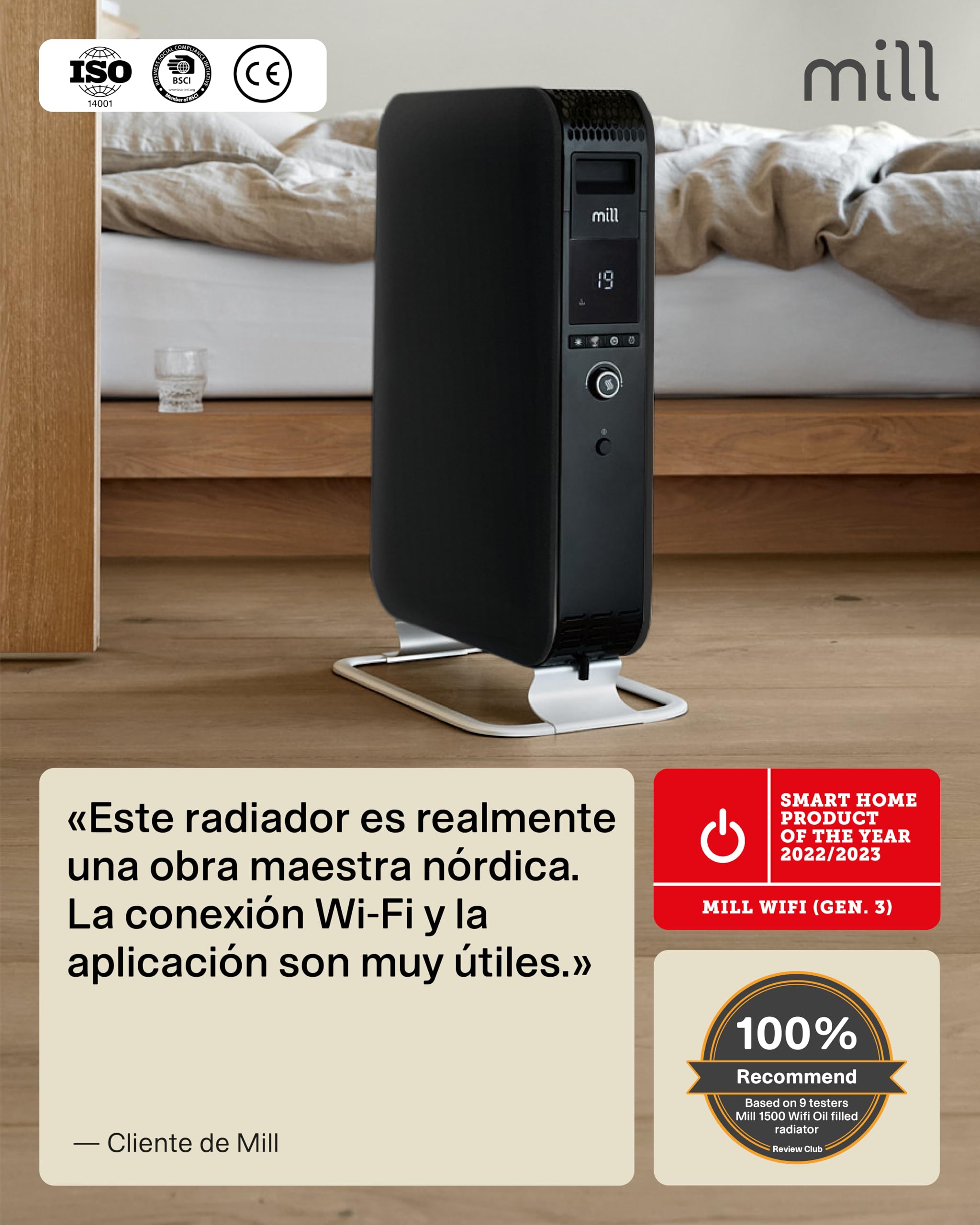 MILL Radiador de Aceite 1500 W WiFi, Calefactor Eléctrico Inteligente con App para 18–22 m², Radiador Eléctrico de Bajo Consumo Diseñado en Noruega, Silencioso y Seguro, Radiador de Pie, Negro