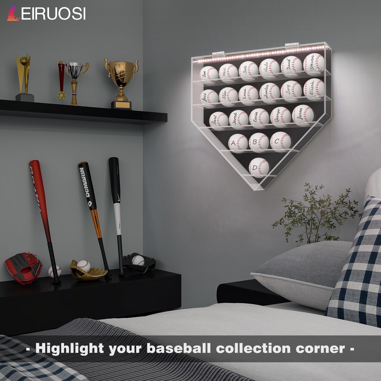 Vitrina acrílica para béisbol, caja de sombra montada en la pared para béisbol, pickleball, tenis, soporte extraíble, caja de exhibición de autógrafos de recuerdos para 21 bolas (negro)