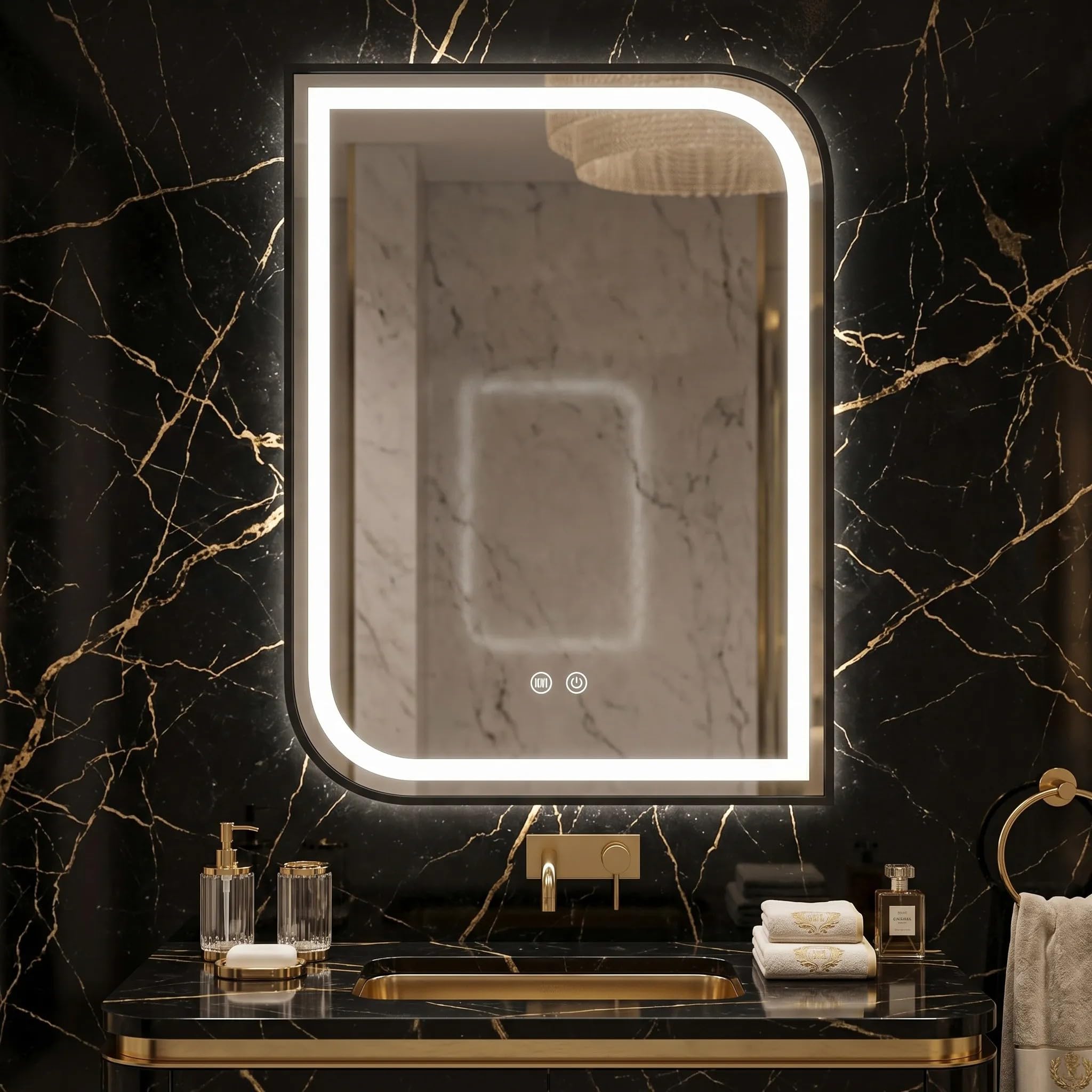 Rea - Lustro Ścienne Led Zone 80x60 Czarny Prostokątne, Asymetryczne - 2,5 x 60 x 80 cm