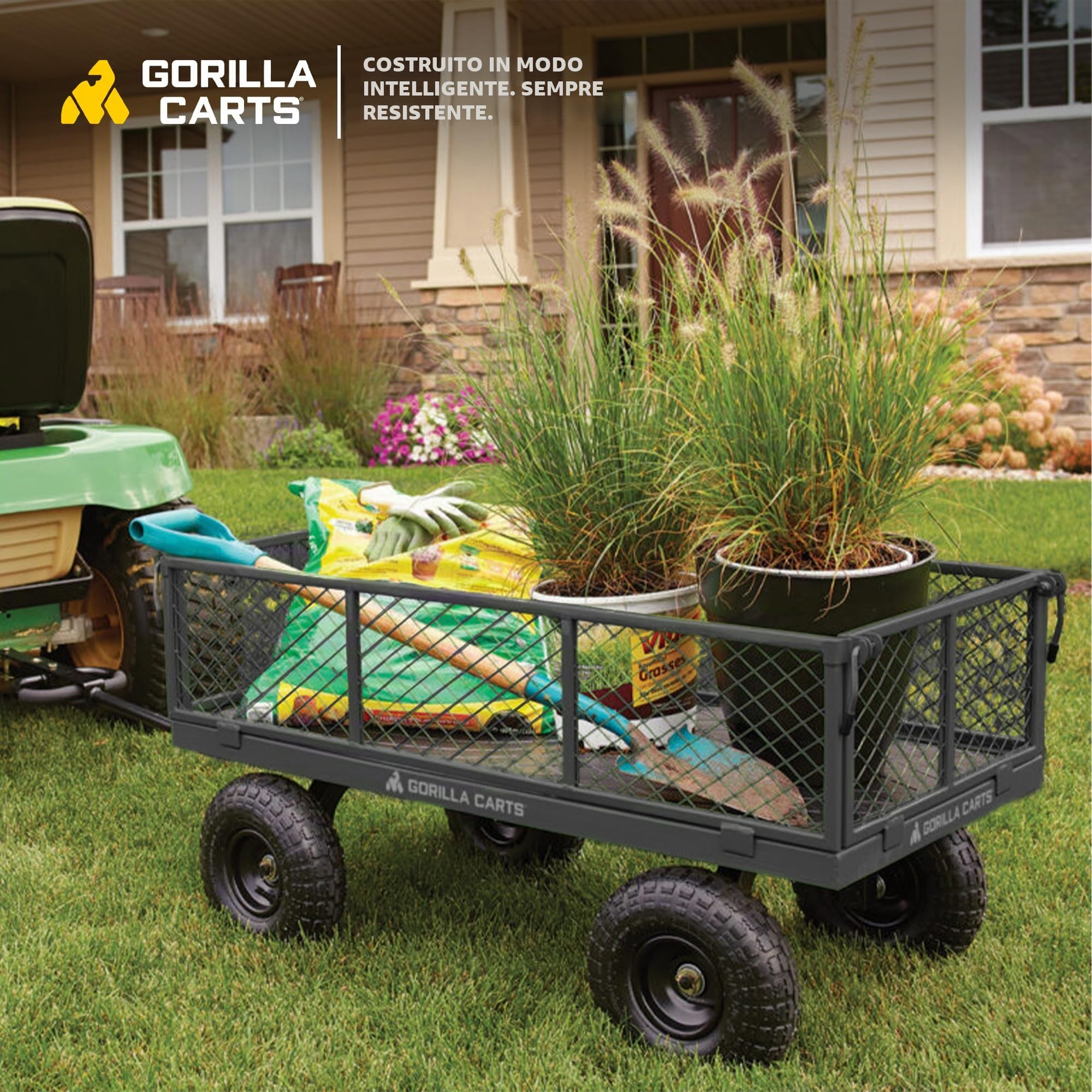 Gorilla Carts Carrello multiuso in acciaio, letto da 1,2 m, capacità di carico 362,9 kg, nero – Carro da trasporto resistente per esterni, con pannelli laterali rimovibili per cortile, prato, giardino