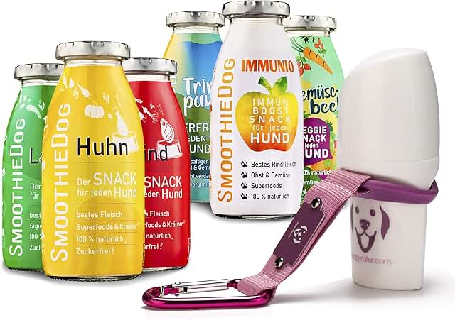 Doggyroller with silicone holder and carabiner + 6 sample set SmoothieDog, dog smoothies: 1 x lamb, 1 x beef, 1 x chicken, 1 x drinking break, 1 x immunio, 1 x vegetable bed, 250 ml each product image