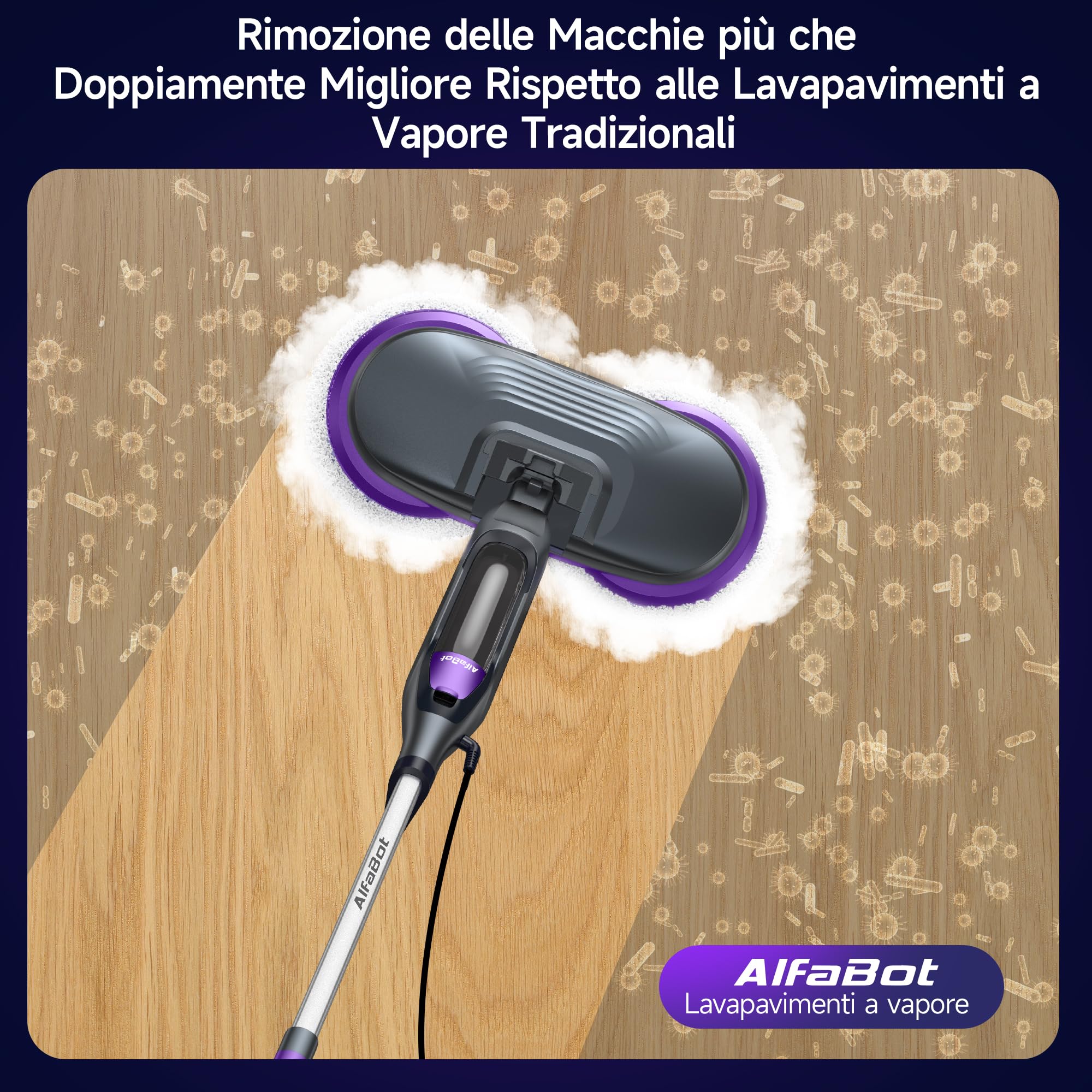 AlfaBot F2 Lavapavimenti a Vapore - Scopa a Vapore con Disinfezione 99.9% di germi e batteri, Vapore pronto in 30s, 450 ML, per tutti i tipi di Pavimenti Duri, Senza Uso di Detergenti