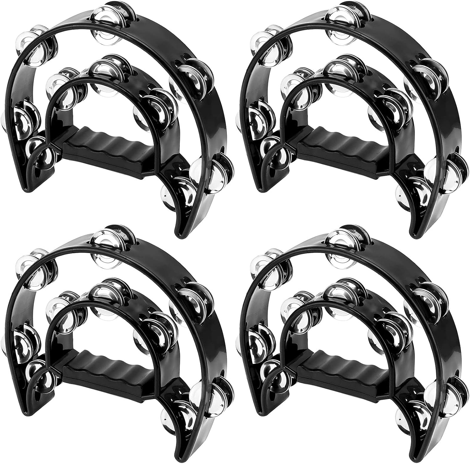 JOIKIT 4 Pack 9 Inch Double Row Tambourine, Half Moon Musical Tambourine, Metal Jingles Hand Held Percussion for Adults, Church, Party, KTV, Bar, Gift, Black