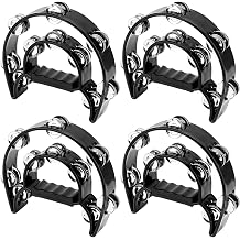 JOIKIT 4 Pack 9 Inch Double Row Tambourine, Half Moon Musical Tambourine, Metal Jingles Hand Held Percussion for Adults, Church, Party, KTV, Bar, Gift, Black