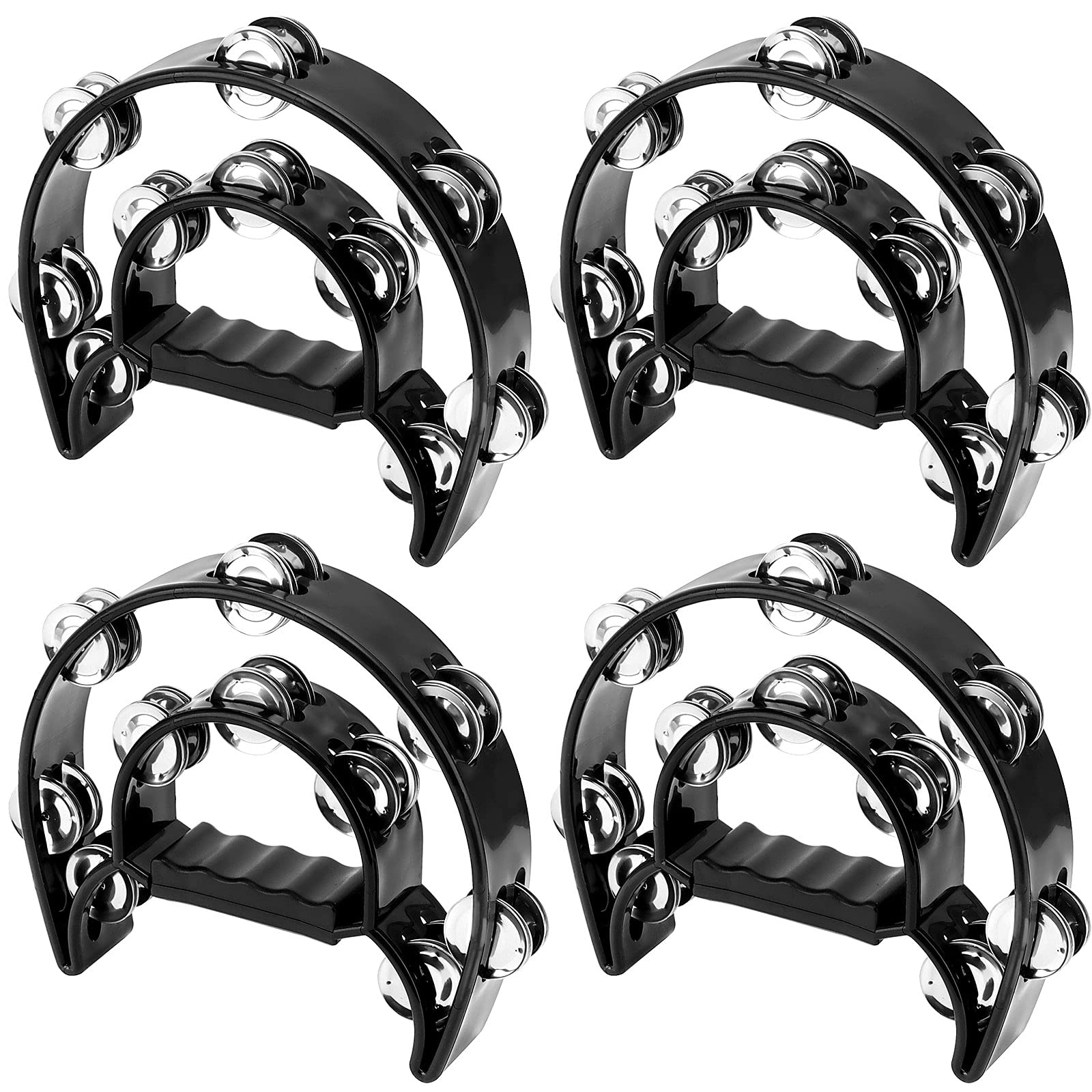 JOIKIT Lot de 4 tambourins musicaux à double rangée de 22,9 cm, demi-lune, jingles en métal pour adultes, église, fête, karaoké, bar, cadeau, noir