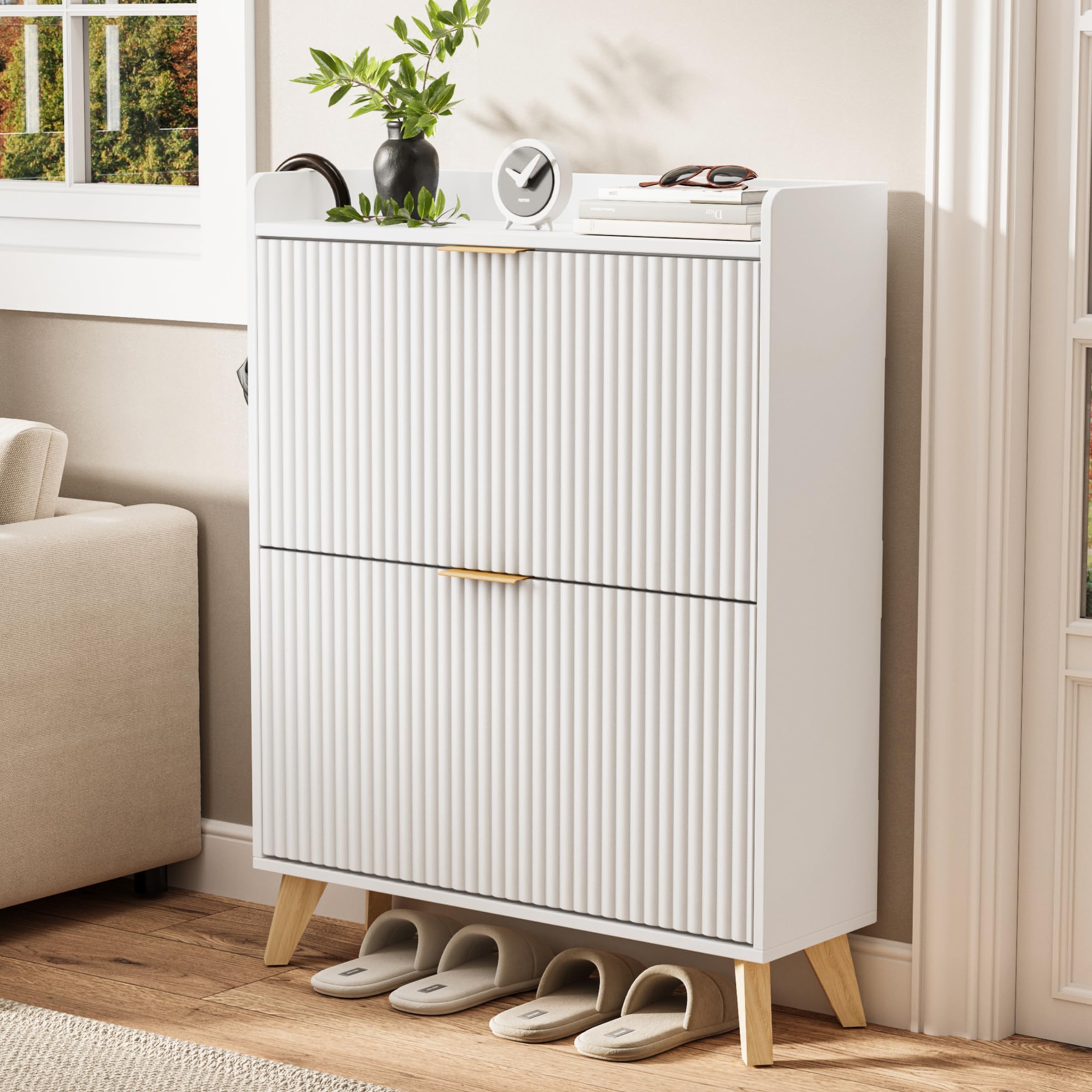 Slim Shoe Storage Cabinet for Entryway, 2 Flip Drawers Wooden Organizer with Fluted Panel, Secure Fence Top for Plants &amp; Decor, Hidden Shoe Storage for Hallway &amp; Foyer (White)