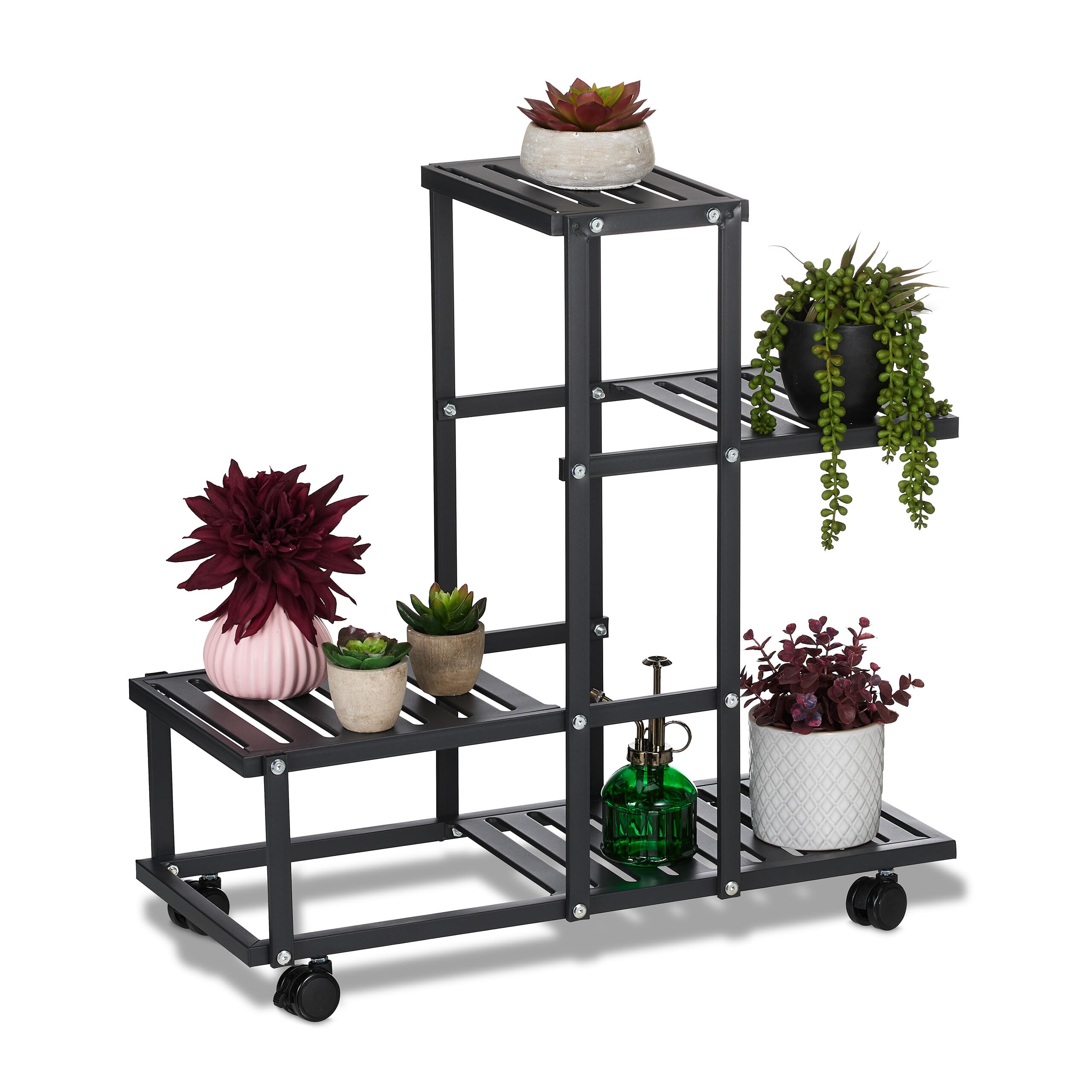 Relaxdays Flower Stand on Wheels, HxWxD: 60.5 x 61.5 x 26 cm, Metal, 4 Tiered Shelves, Indoor Plant Pot Display, Black