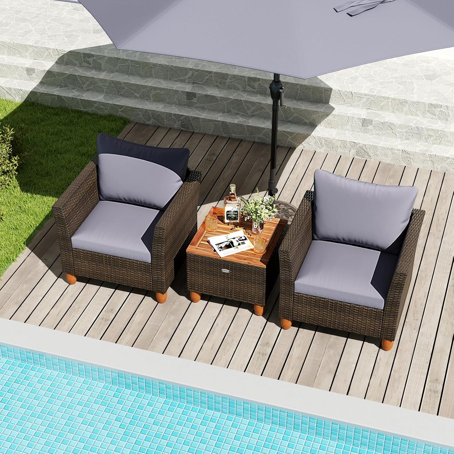 RELAX4LIFE 3-Piece Patio Furniture Set - Rattan Wicker Chairs w/Cushions, Acacia Wood Storage Coffee Table, Outdoor Conversation Furniture for Balcony, Bistro Table & Chairs Set of 2 (Brown-Grey)