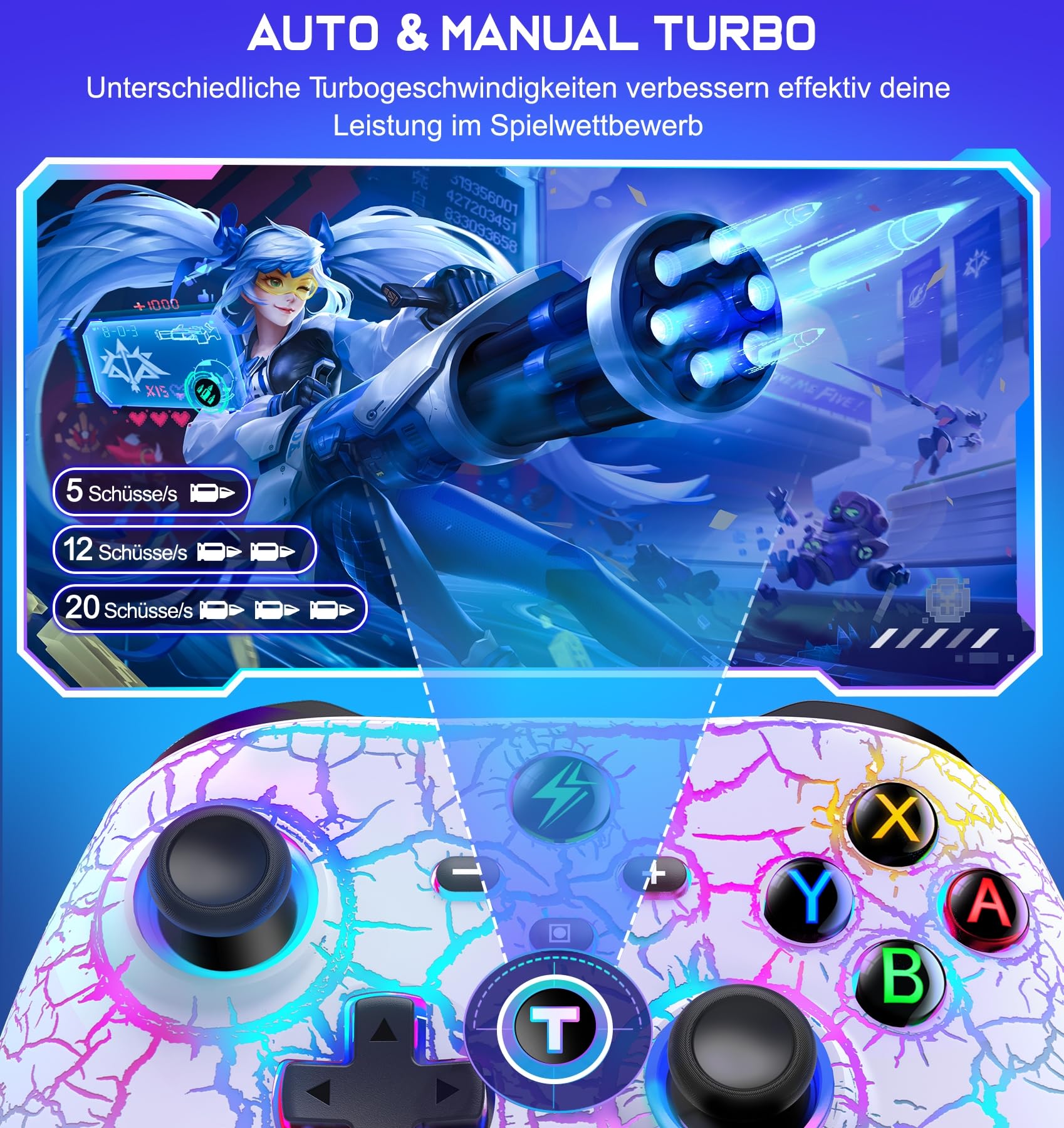 HASACOOL Switch Pro Controller Mit 2 Back Button Macro Programmierbar/Rissiges Design Lichter, 1000mAh für Switch/Lite/OLED, Kompatibel Mit Android/IOS/PC(Weiß)