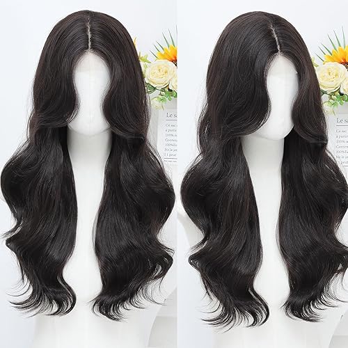 24 Inch Long Wavy Synthetic Wig for Women, Glueless Middle Part Lace Front Wig, Natural Looking Natural Black Loose Wave Wig Heat Resistant Fiber for Daily Use