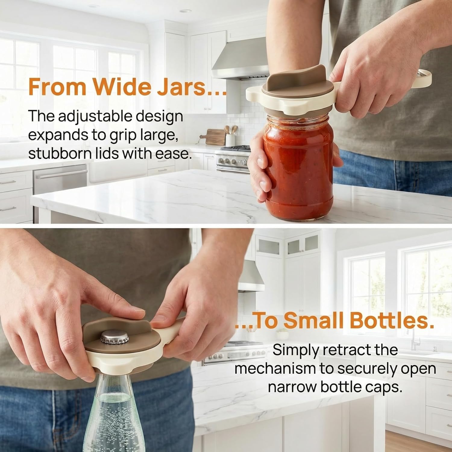 Adjustable Jar Opener for Seniors with Arthritis – Heavy Duty Stainless Steel 4-in-1 Lid & Bottle Opener, Easy Grip Manual Kitchen Tool for Weak Hands, Effortless Twist for All Jar Sizes (2 Pack）