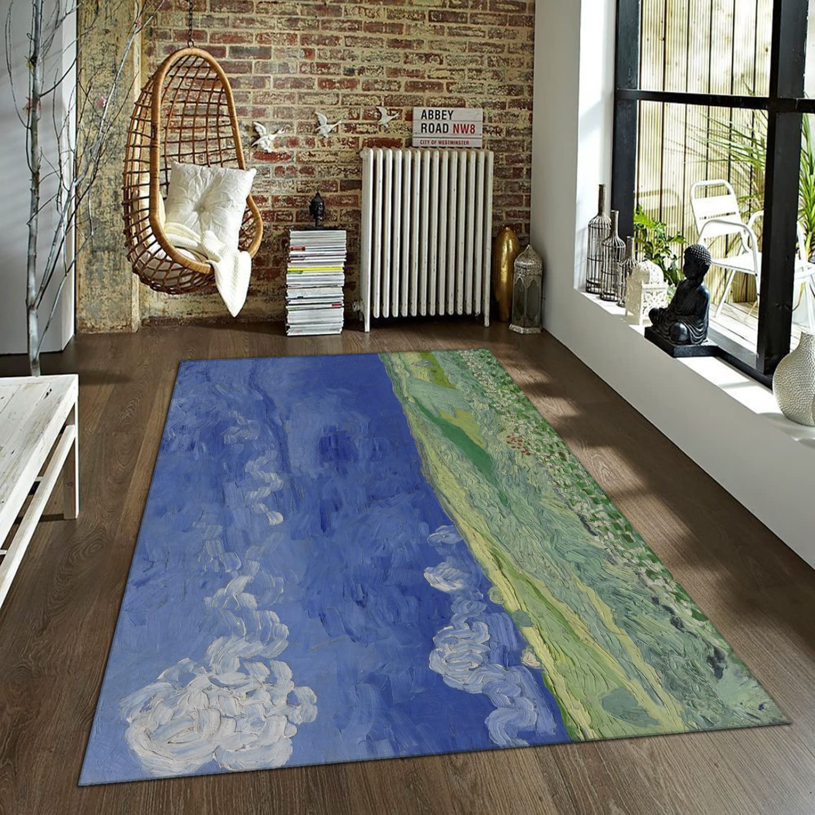 Dutch Impressionist Art Malerei Fläche Teppiche Grünes Grasland und Blauer Himmel Kunst Türmatte Outdoor Rutschfester Weißer Wolkenteppich für Hauseingangsästhetik 180x200cm