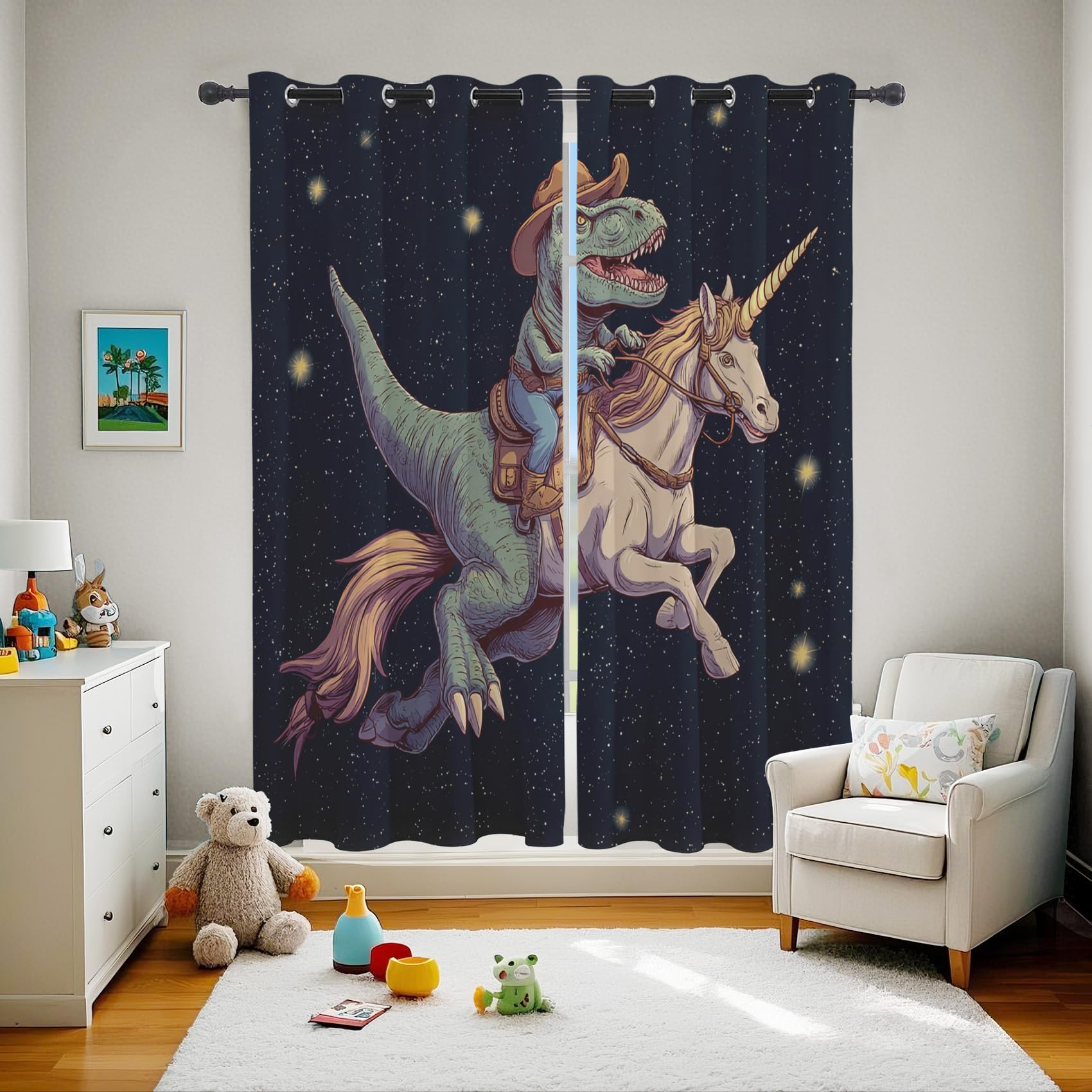 Rideau Occultant Licorne Dinosaure Drôle, Motif Animaux Galaxie Enfants Rideau Thermique Tenture Opaque à Oeillets, Rideaux Decoration Chambre Maison Salon Intérieurs, 140x280cm, 2 Pièces yuL249