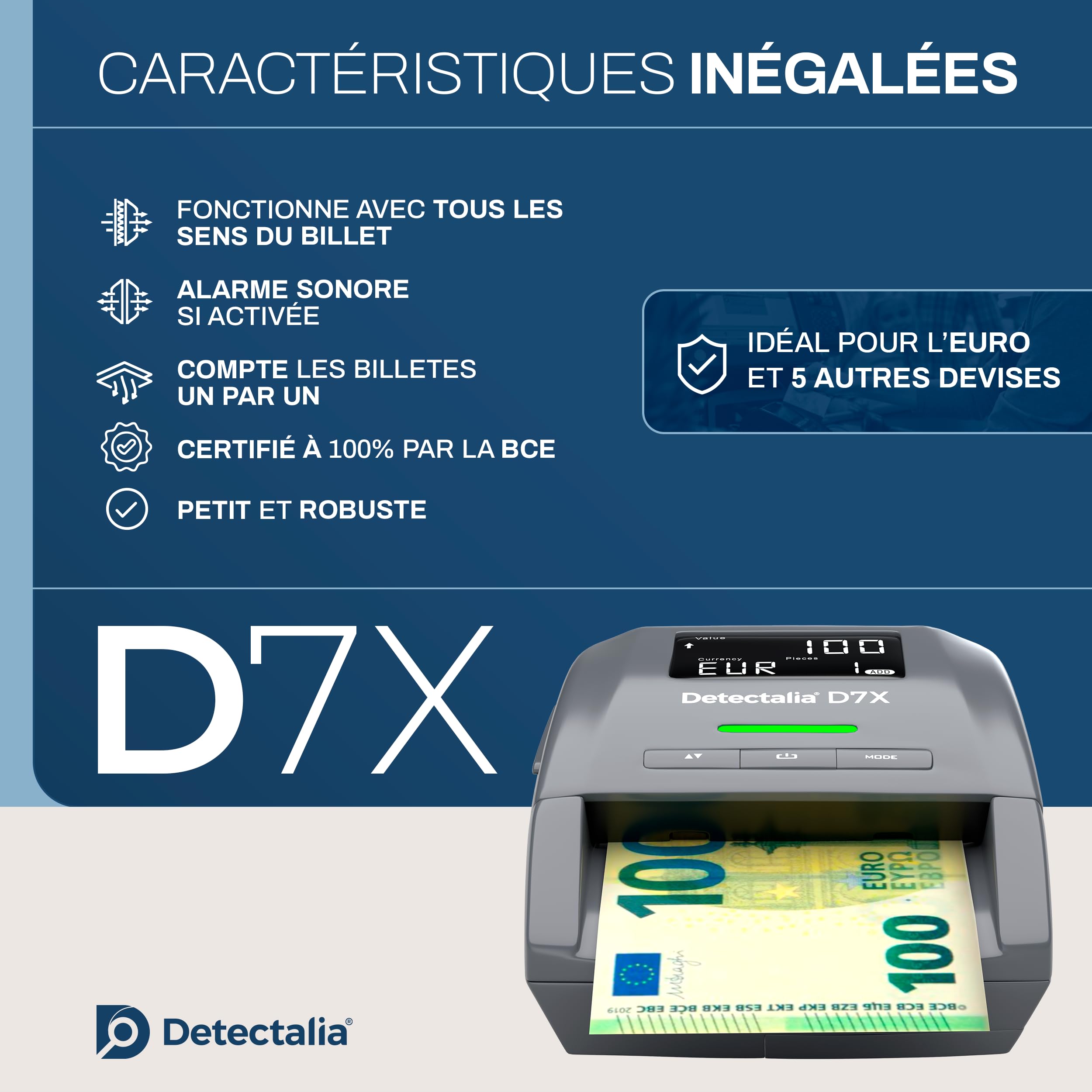 Detectalia D7X - Détecteur de faux billets avec 7 contrôles de détection. Compteur de billets un par un EUROS plus GBP, CHF, PLN, CZK et SEK - detecteur faux billets, euros 100%