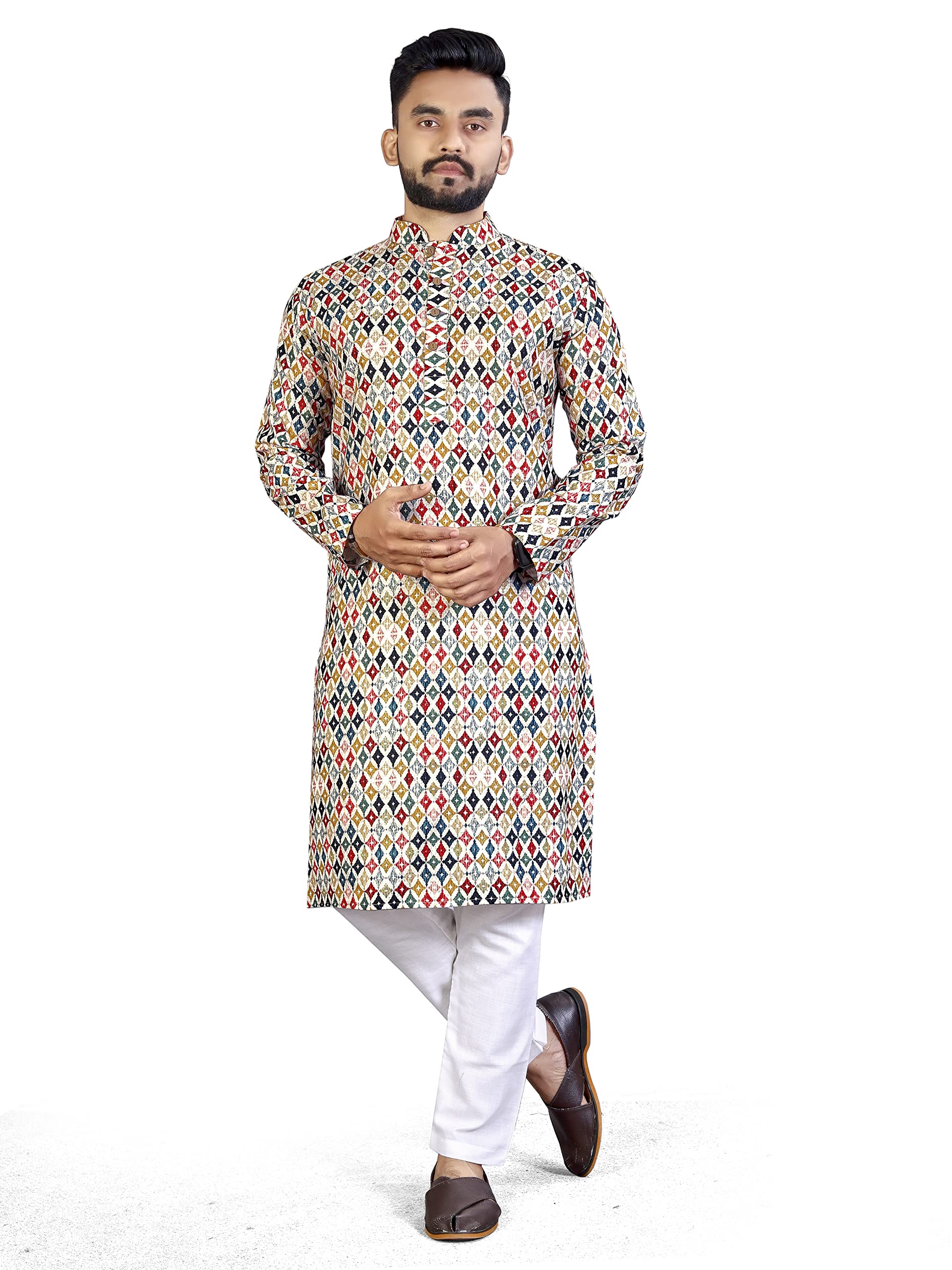 Men's Linen Cotton Crochet Sequins Printed Kurta and Pyjama Set-picture-24