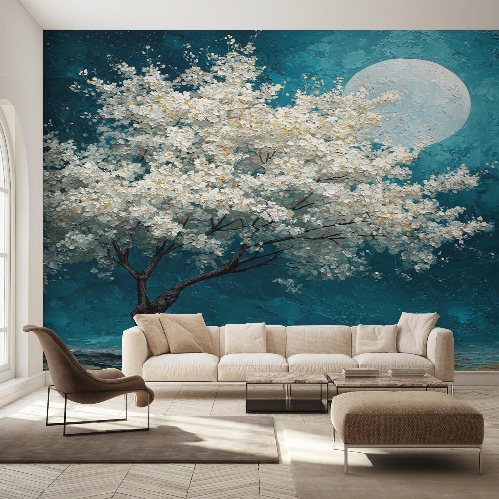 Generisch Vlies Fototapete Magnolien Baum 400x280 cm, Tapete Türkis Weiß Tapeten Vliestapete Wohnzimmer Ölgemälde Pflanzen Schlafzimmer Wandtapete Ornamente Mustertapete W&66