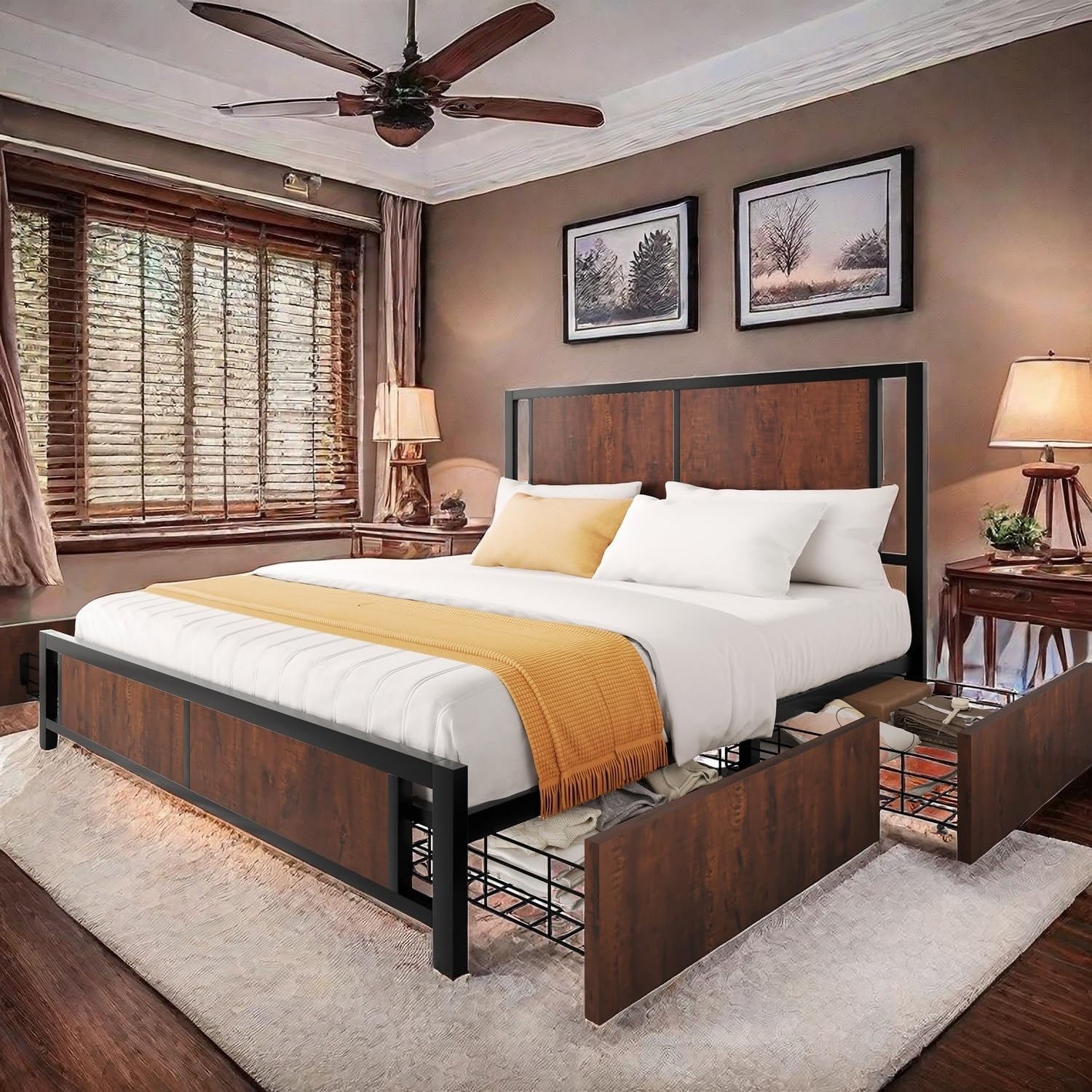 YITAHOMEQueen Size Bed Frame with 4 Drawers, Metal Platform Bed with Storage, Rustic Wooden Headboard Mattress Foundation No Box Spring Needed, Vintage Brown